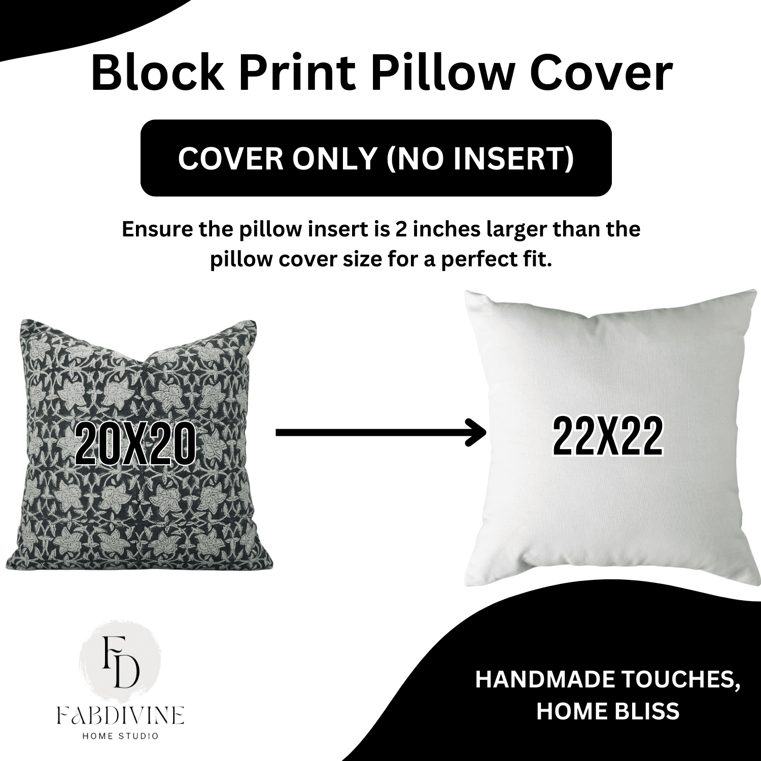 Block print pillow cover with measurements and Fab Divine Home Studio branding.