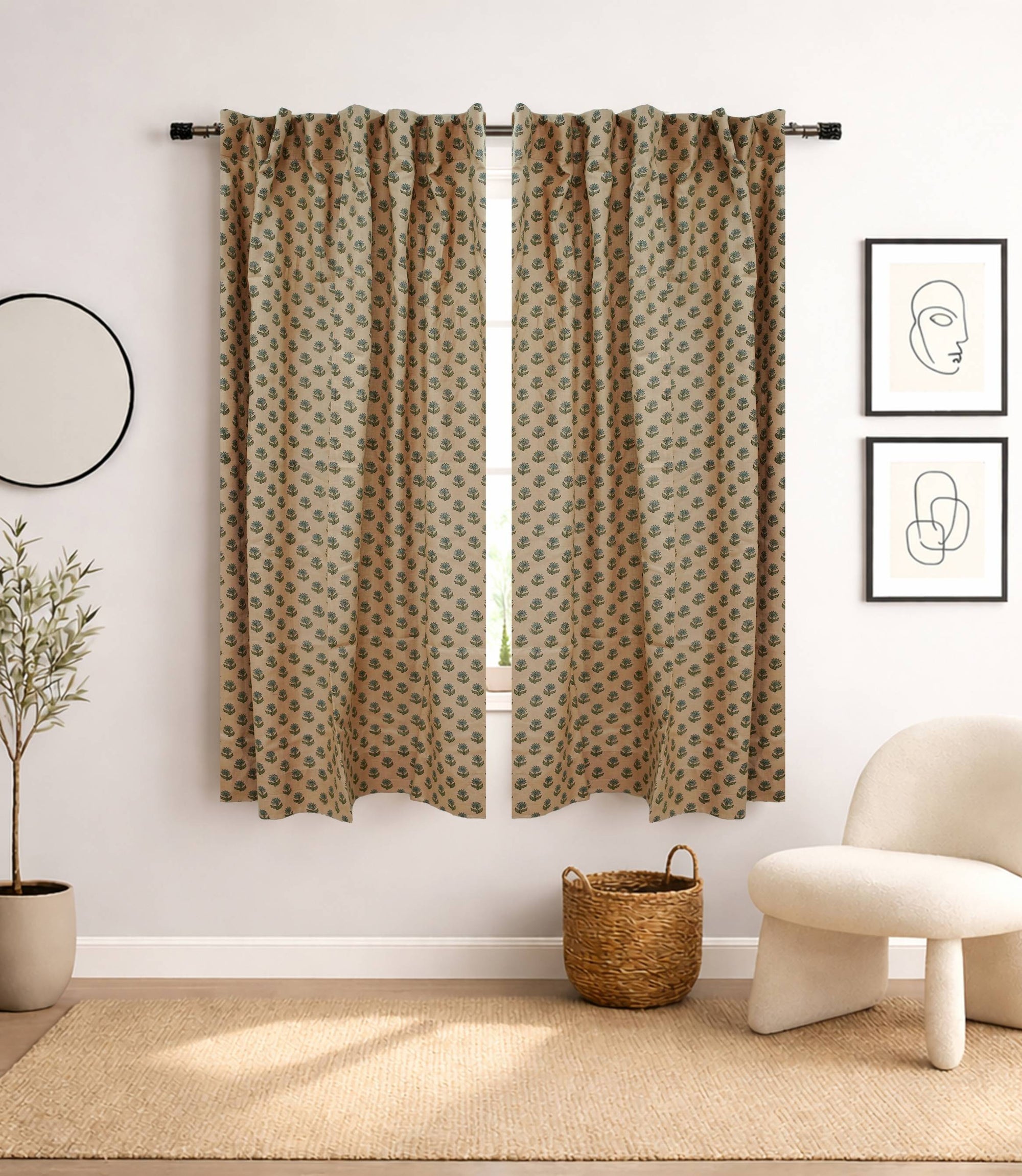 Block Print Brown Floral Viscose Linen Curtains - Palak