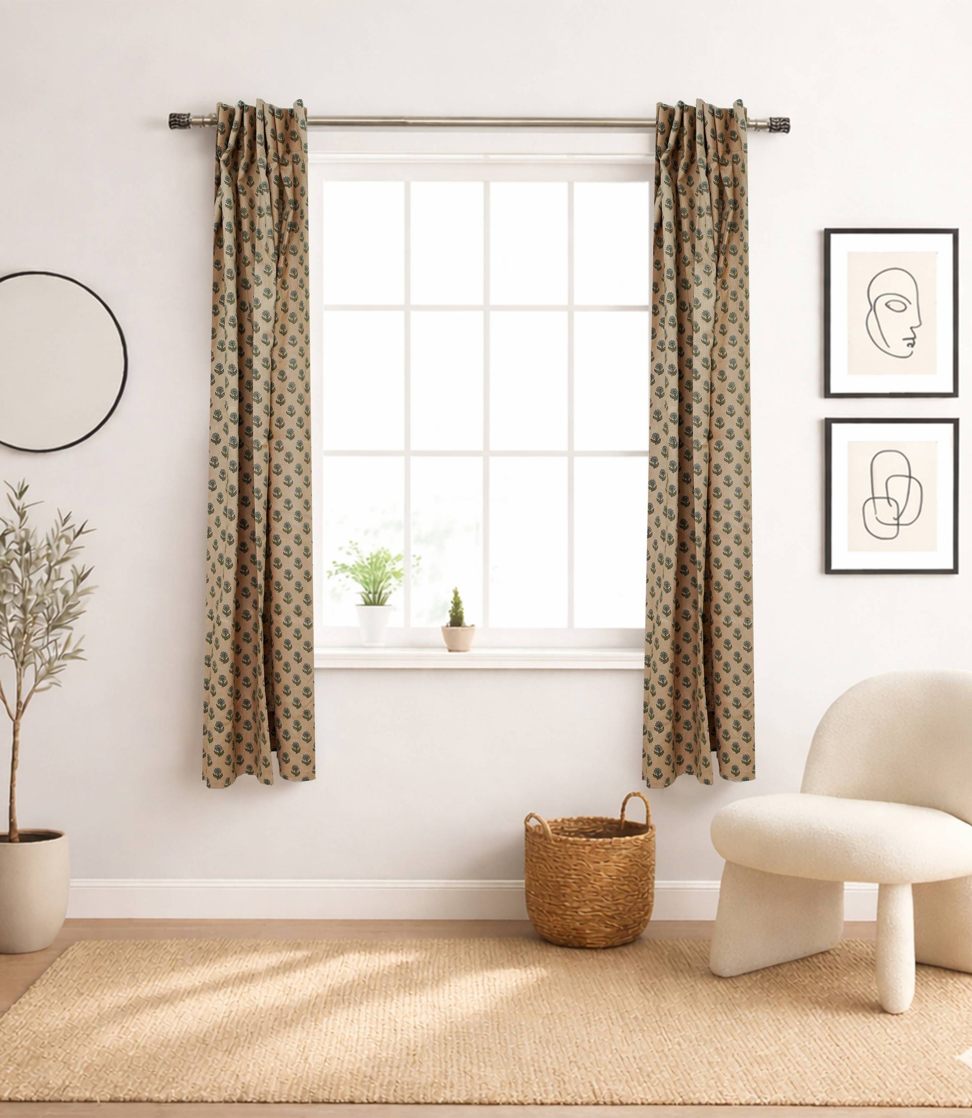 Block Print Brown Floral Viscose Linen Curtains - Palak