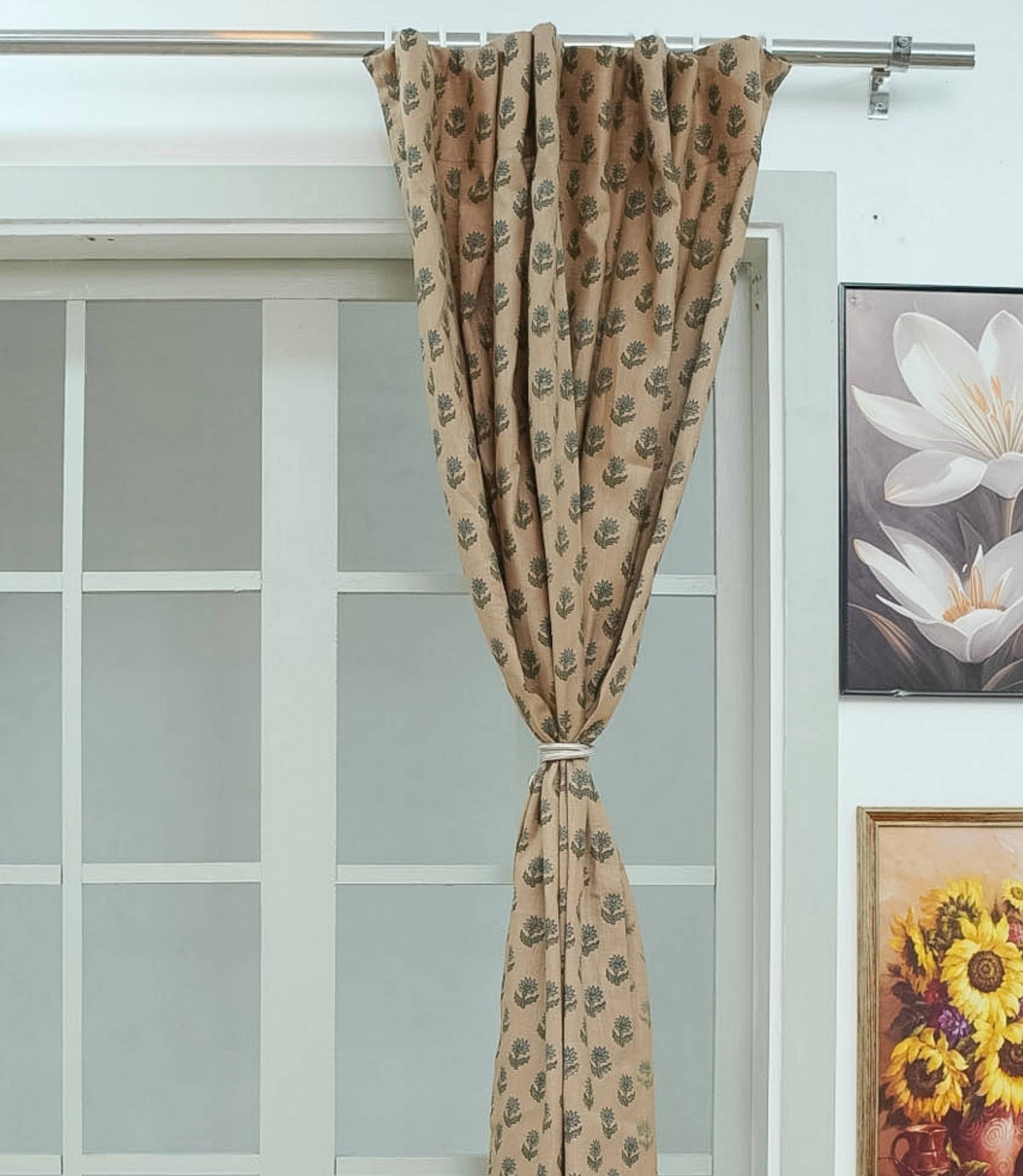 Block Print Brown Floral Viscose Linen Curtains - Palak