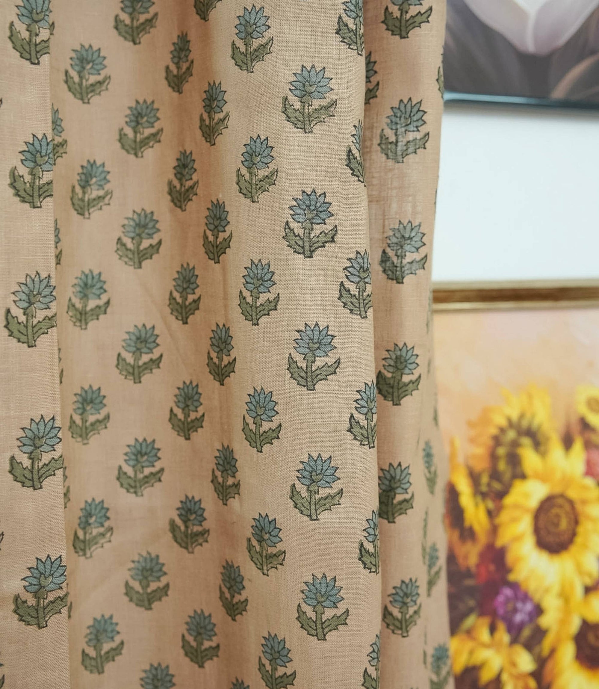 Block Print Brown Floral Viscose Linen Curtains - Palak