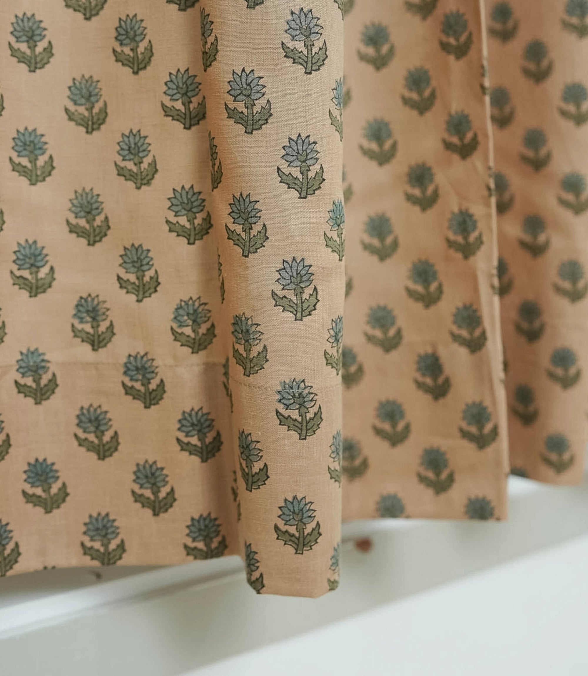 Block Print Brown Floral Viscose Linen Curtains - Palak