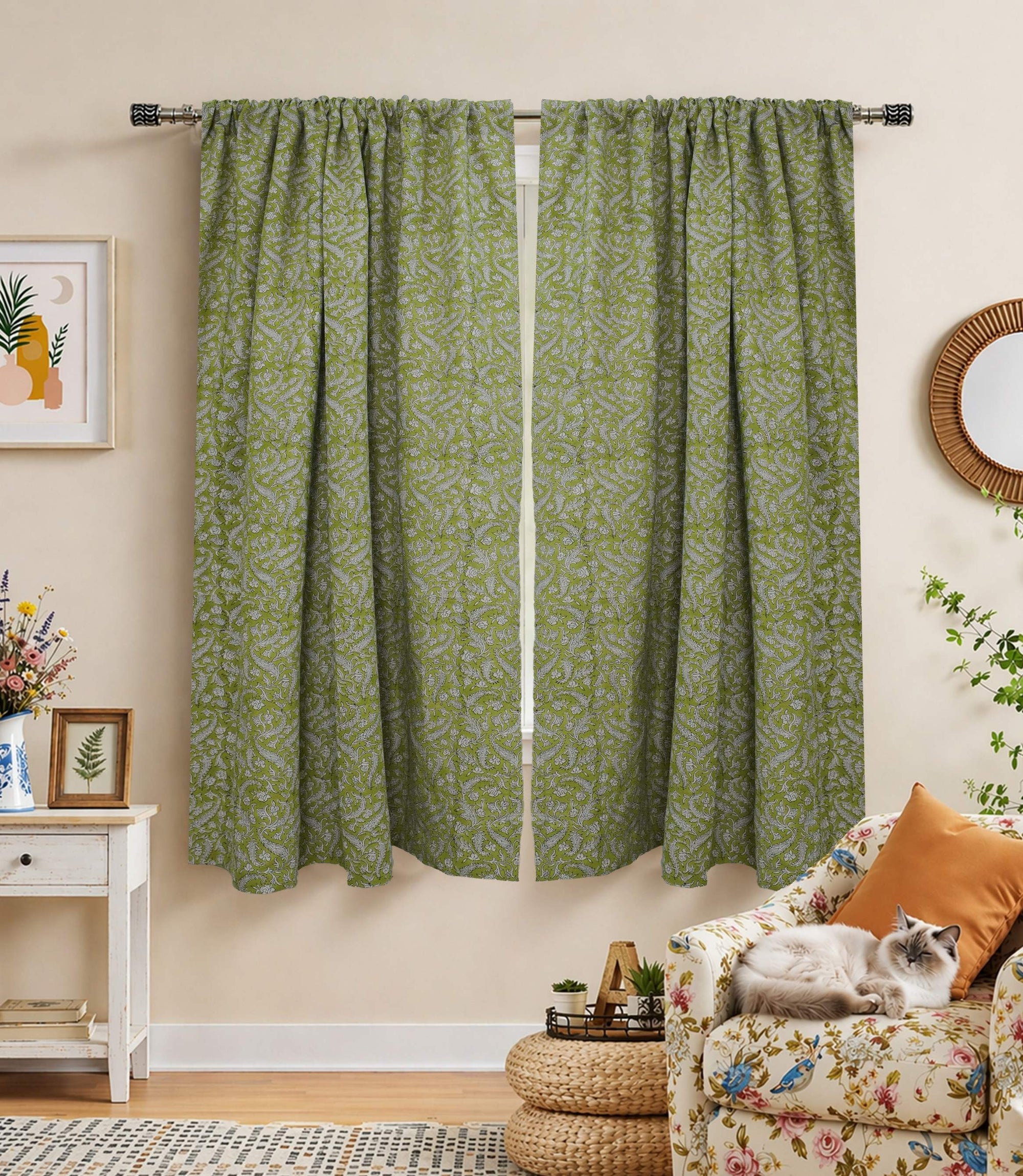 Green Floral Block Print Linen Curtain Rod Pocket – Blackforest