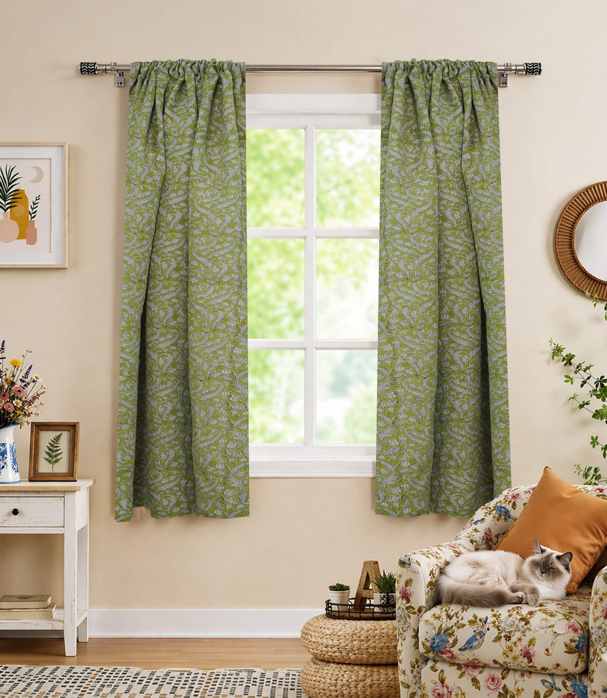Green Floral Block Print Linen Curtain Rod Pocket – Blackforest