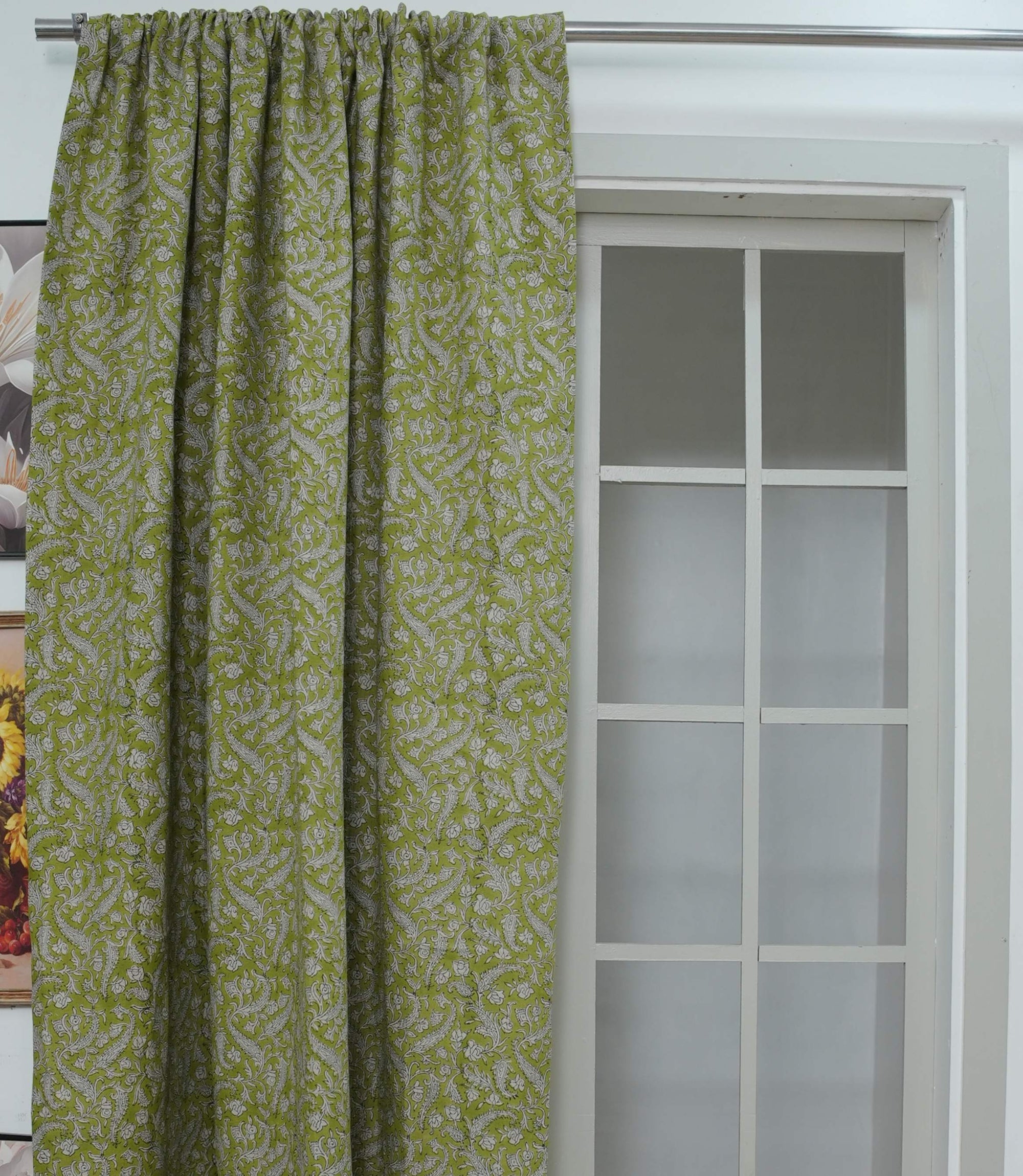 Green Floral Block Print Linen Curtain Rod Pocket – Blackforest