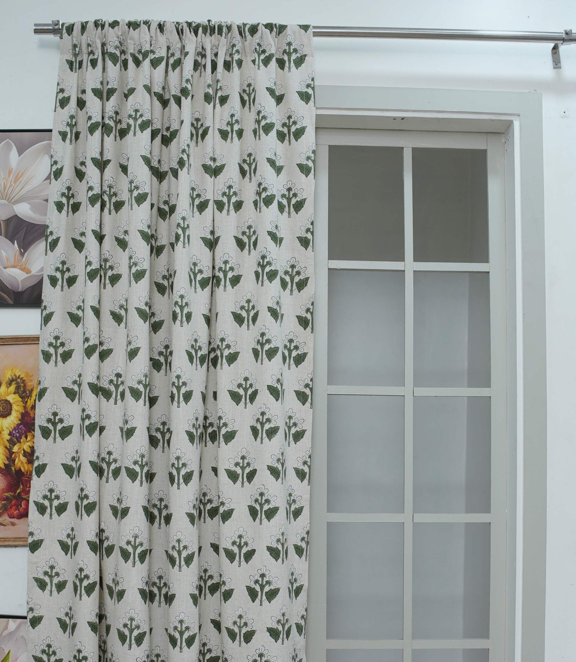 Handmade Green &amp; White Floral Linen Curtains – Chahat
