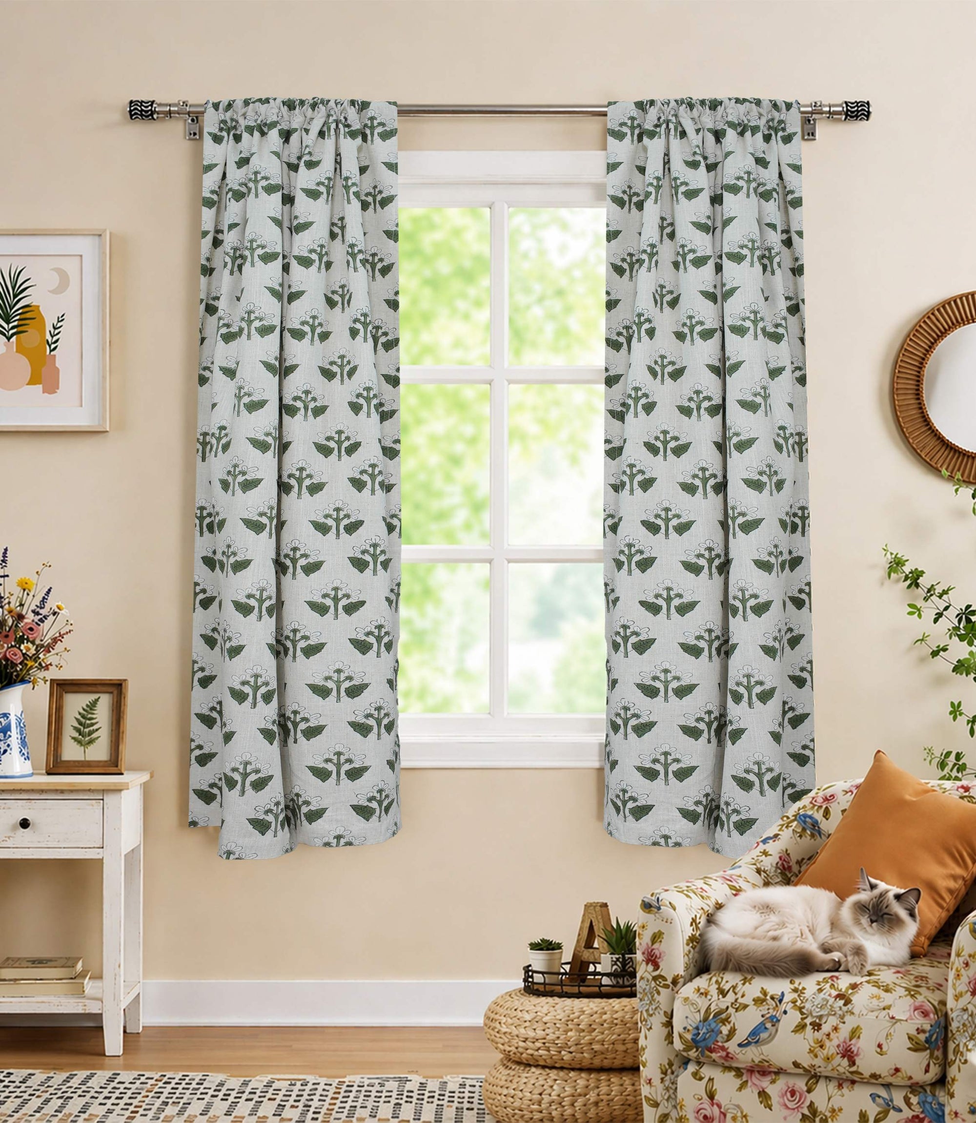 Handmade Green &amp; White Floral Linen Curtains – Chahat
