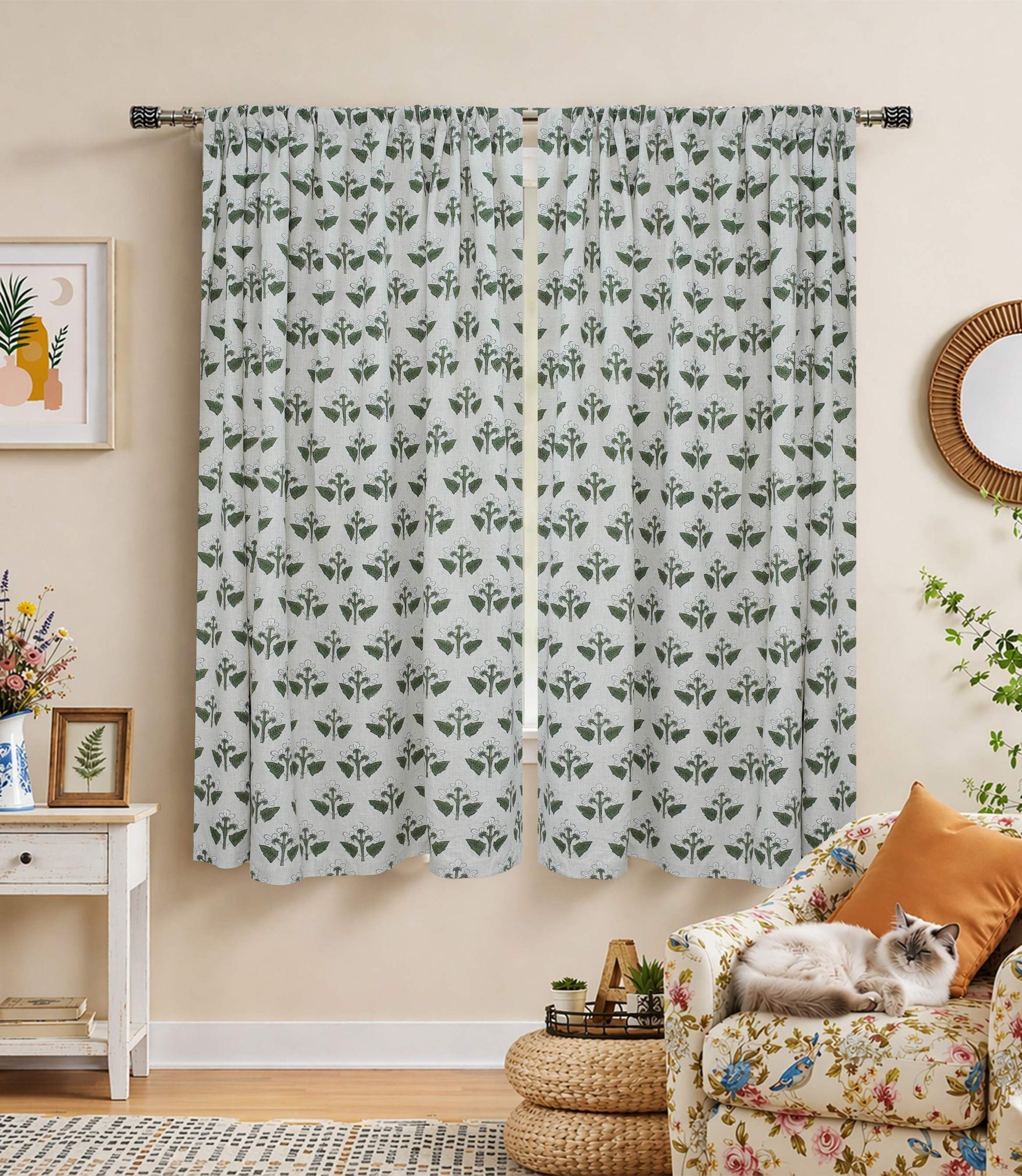 Handmade Green &amp; White Floral Linen Curtains – Chahat