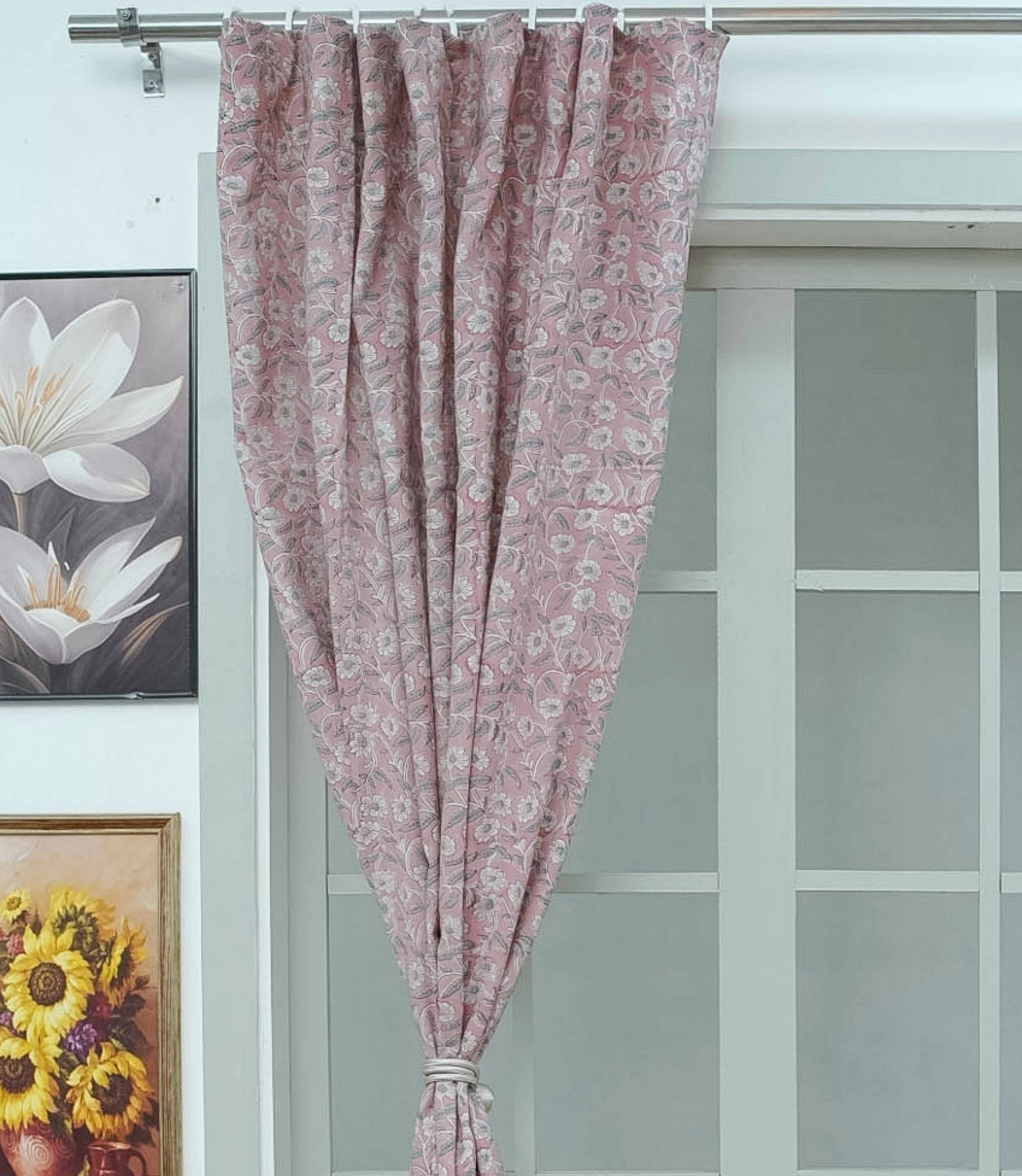Pink Floral Block Print Linen Blackout Curtains - Haridwar