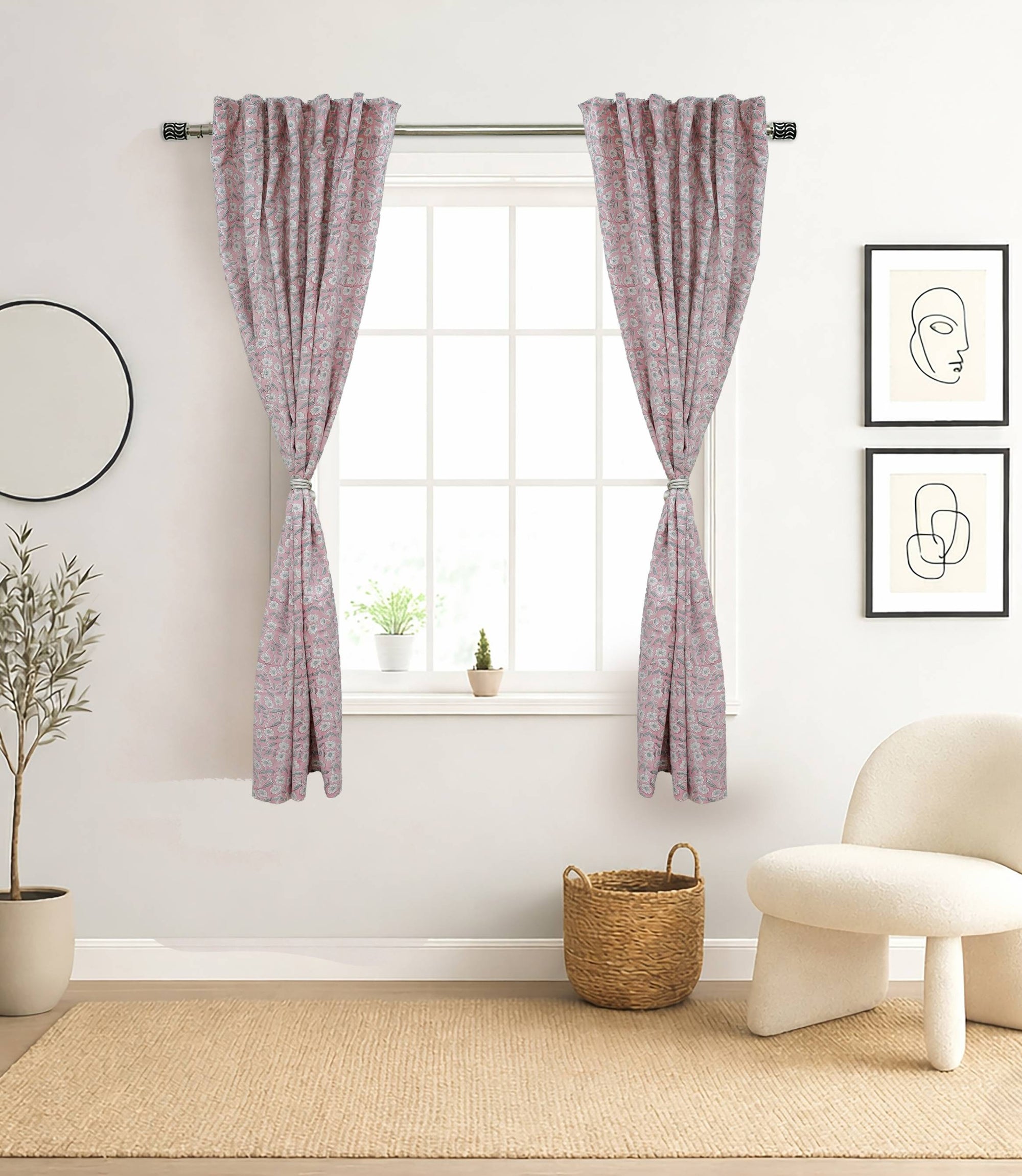 Pink Floral Block Print Linen Blackout Curtains - Haridwar