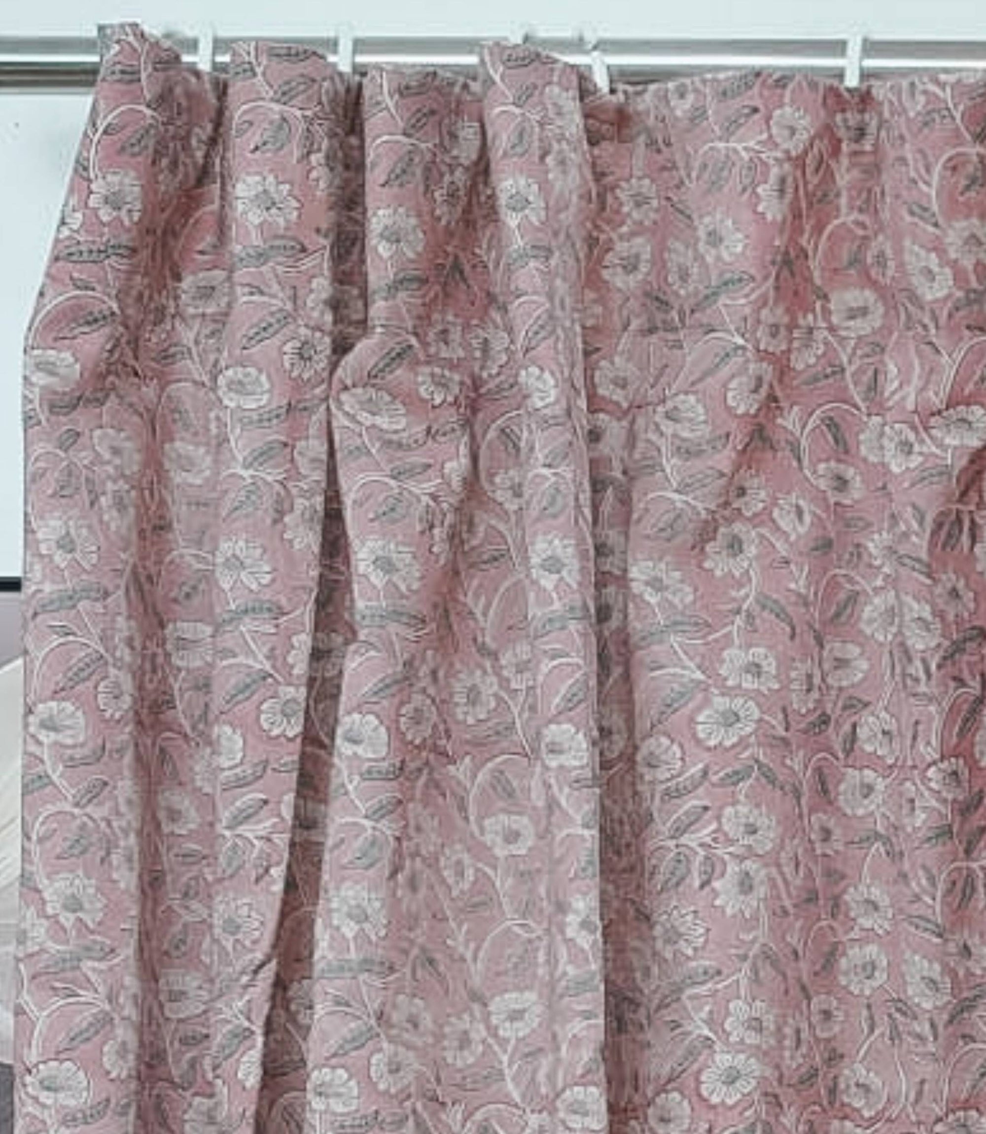Pink Floral Block Print Linen Blackout Curtains - Haridwar