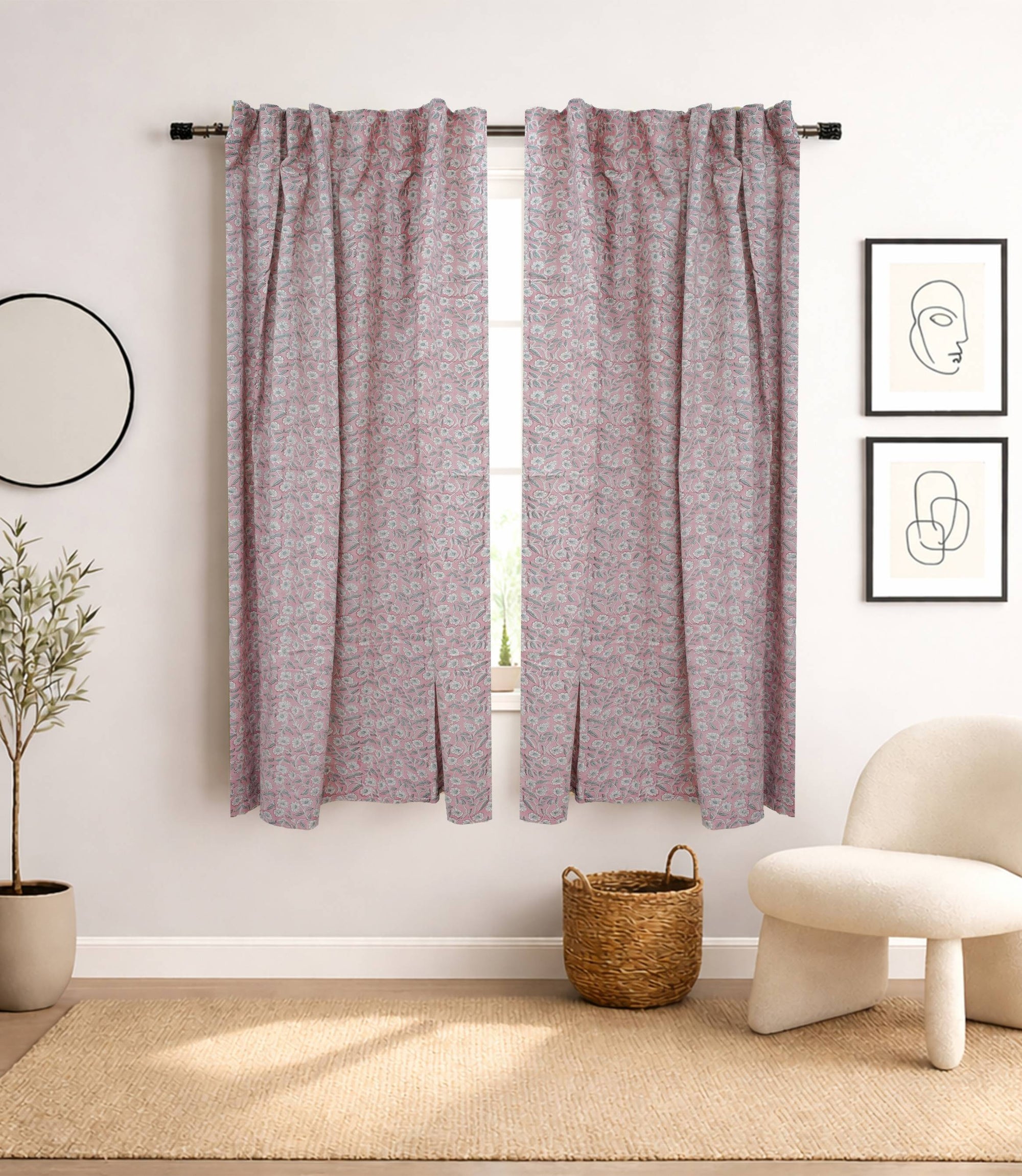 Pink Floral Block Print Linen Blackout Curtains - Haridwar