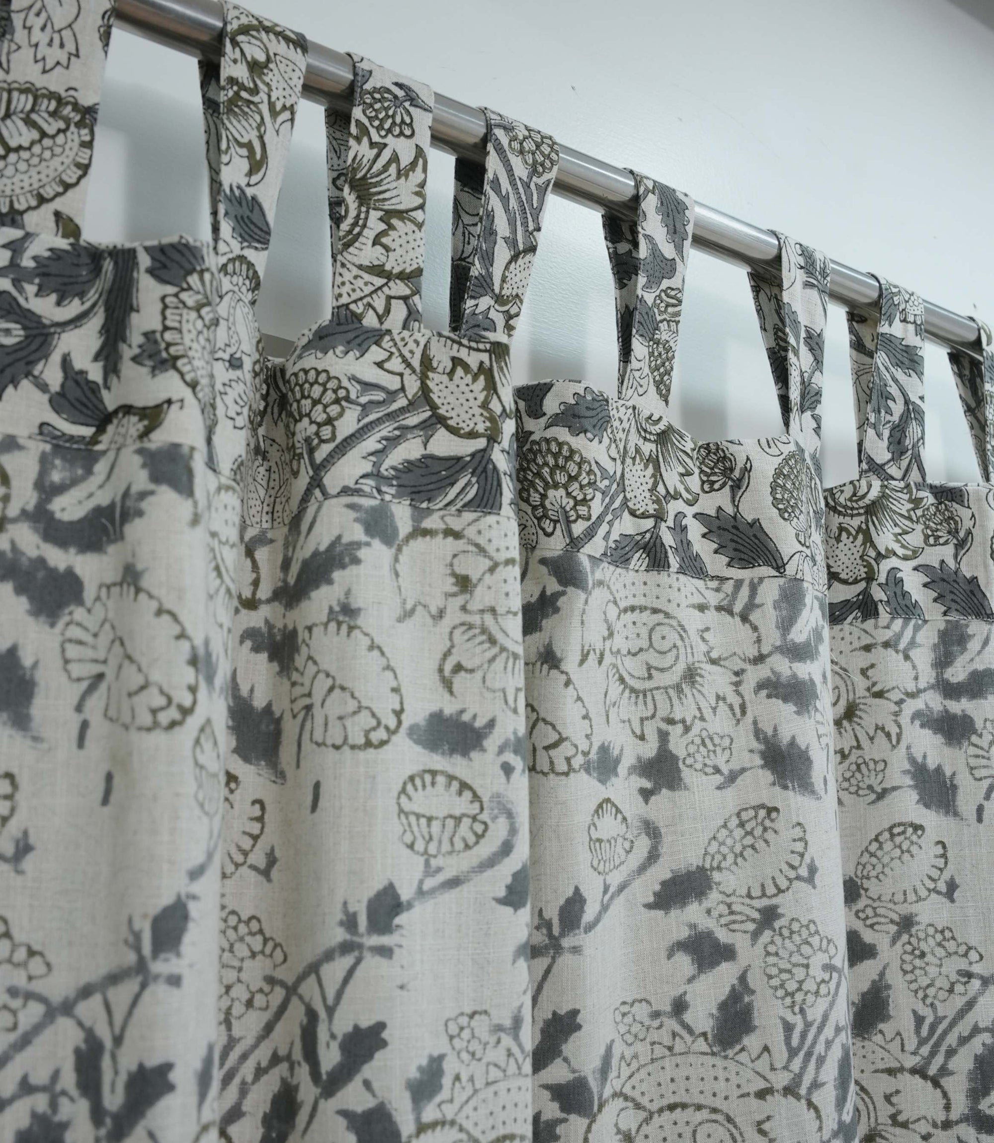 Gray Floral Linen Block Print Curtain Rod Pocket – Akashganga