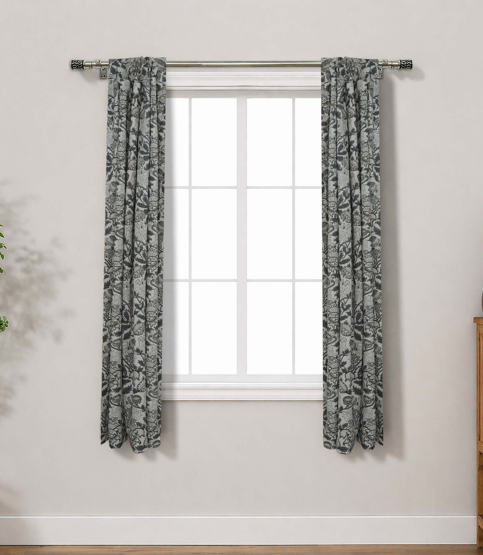 Gray Floral Linen Block Print Curtain Rod Pocket – Akashganga