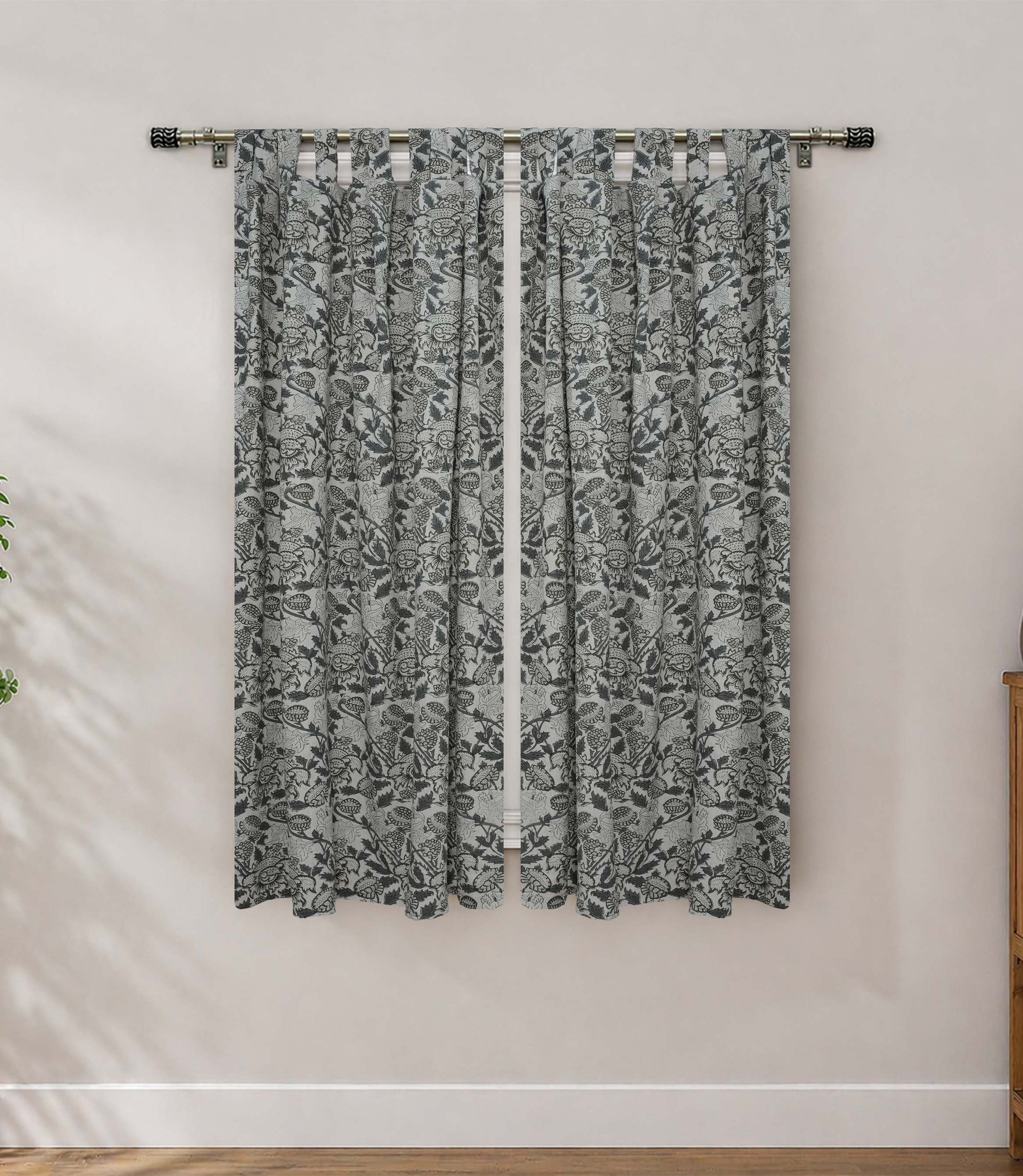 Gray Floral Linen Block Print Curtain Rod Pocket – Akashganga