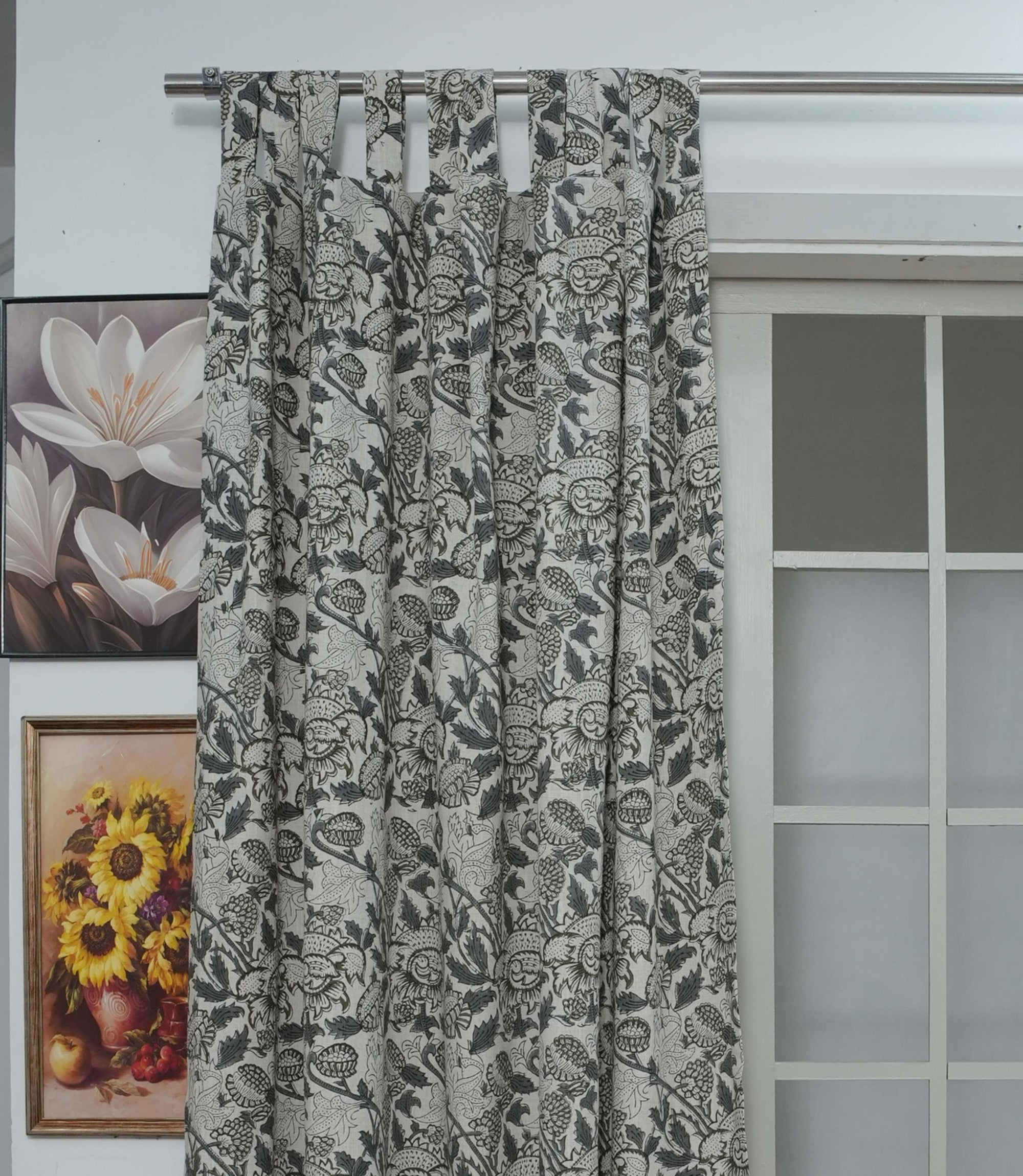Gray Floral Linen Block Print Curtain Rod Pocket – Akashganga