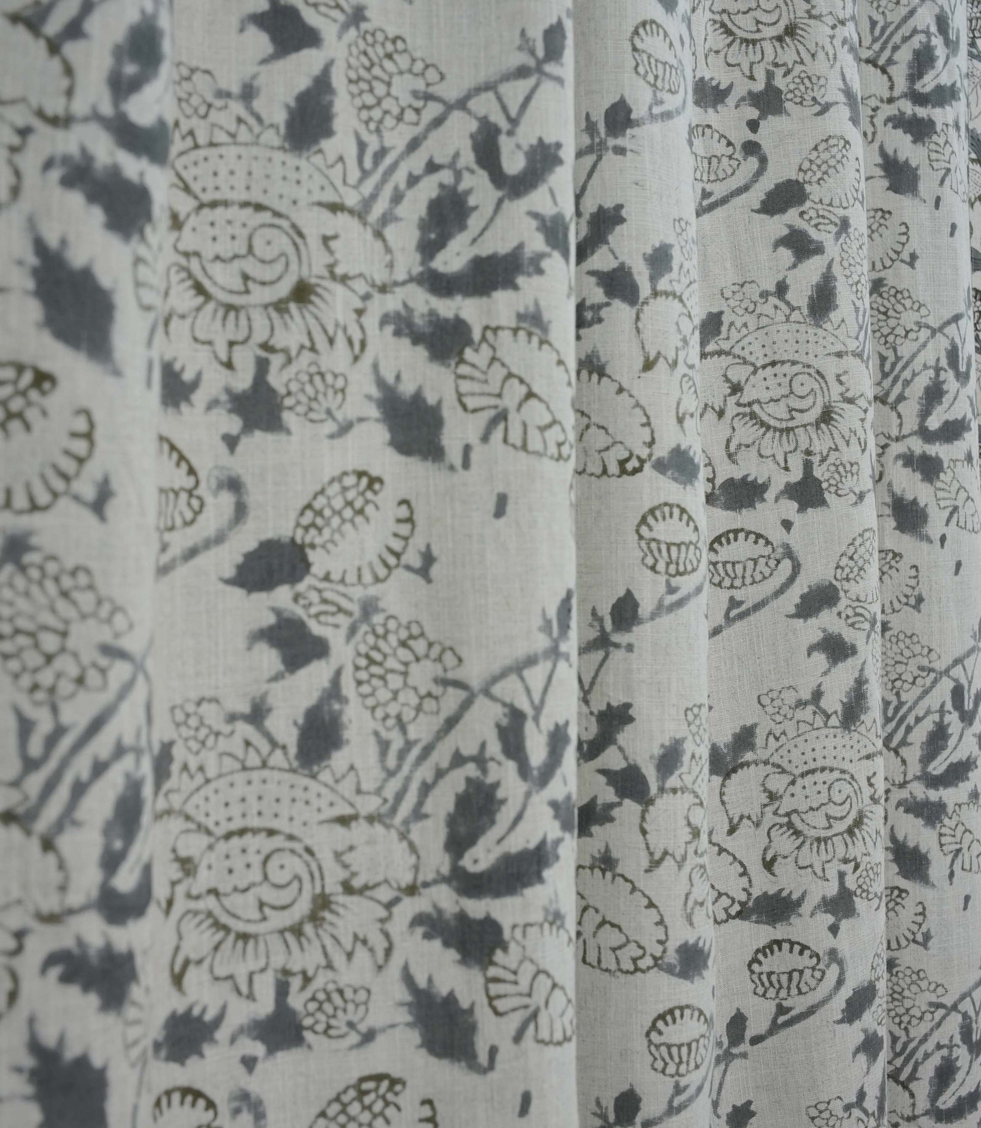 Gray Floral Linen Block Print Curtain Rod Pocket – Akashganga