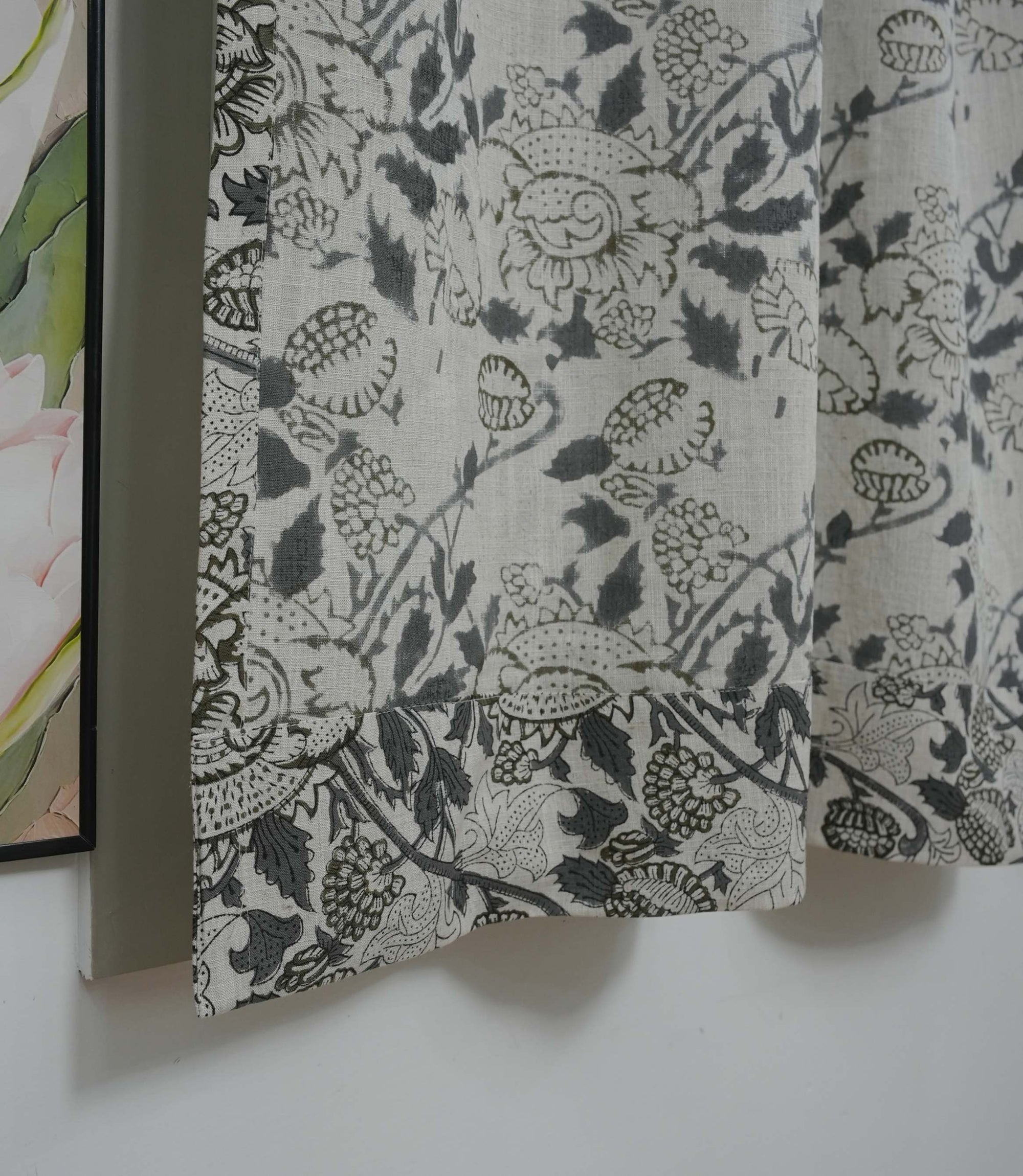 Gray Floral Linen Block Print Curtain Rod Pocket – Akashganga
