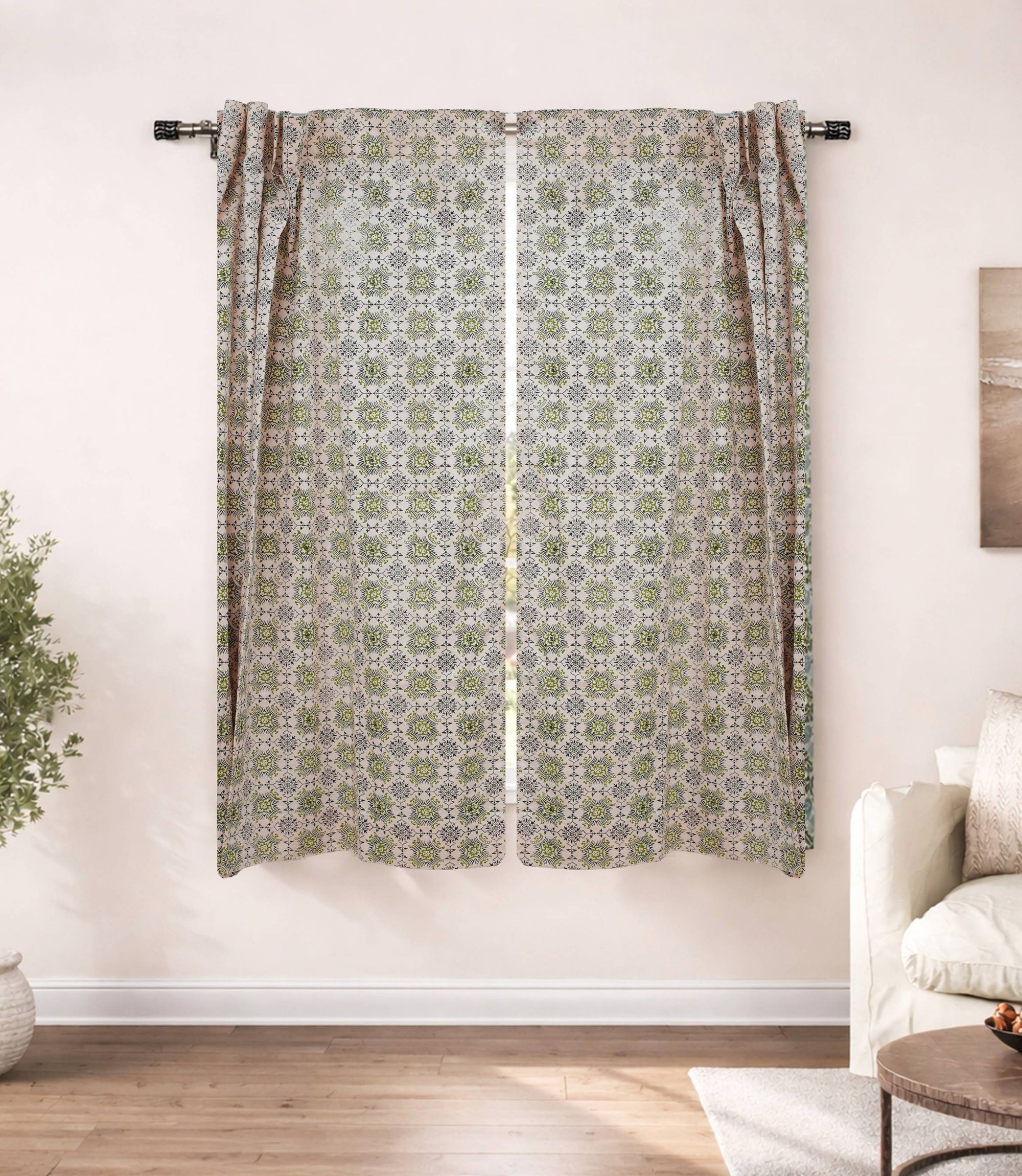 Hand Block Print Chakrvyuh Black Floral Linen Blackout Curtains