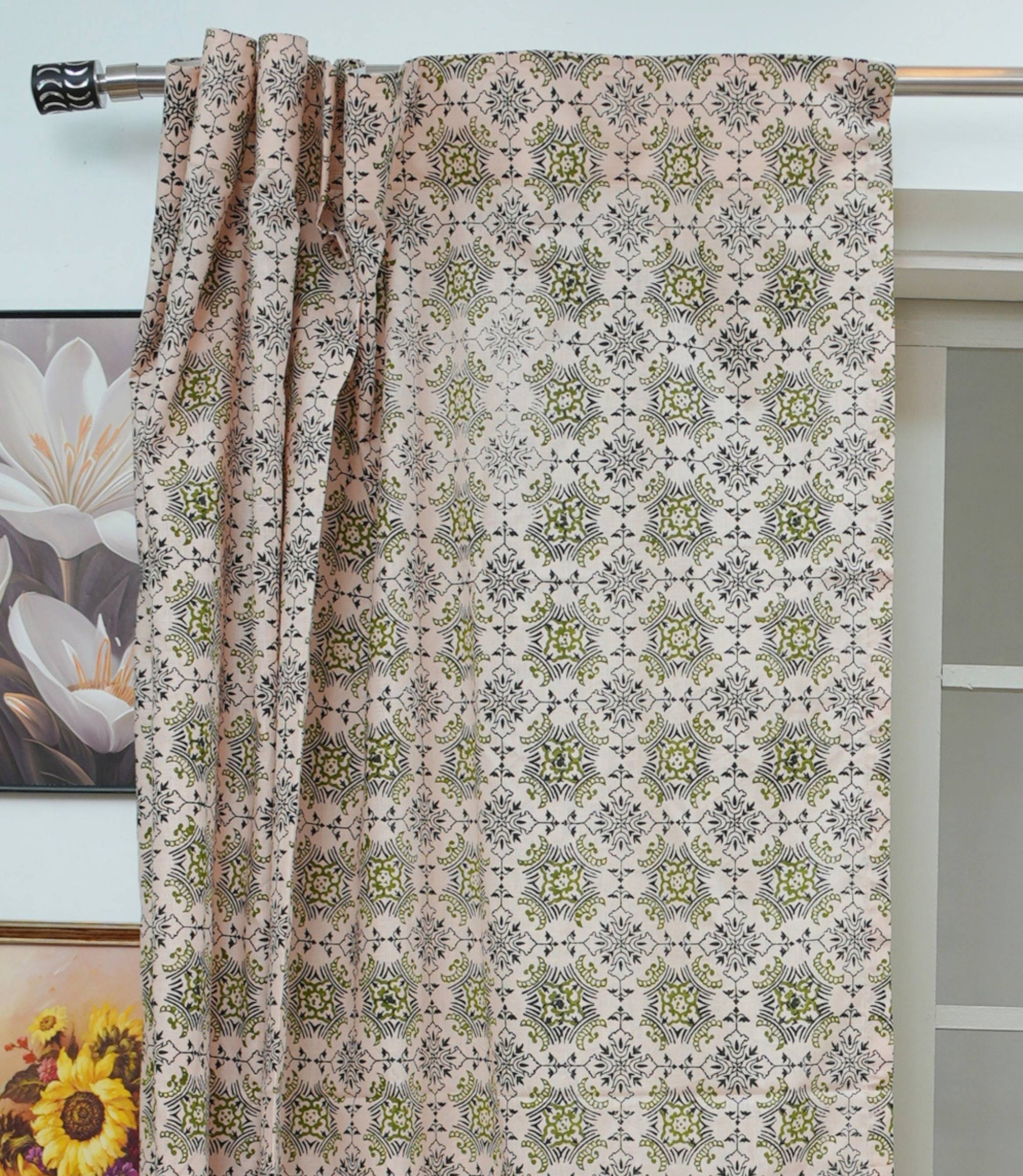 Hand Block Print Chakrvyuh Black Floral Linen Blackout Curtains