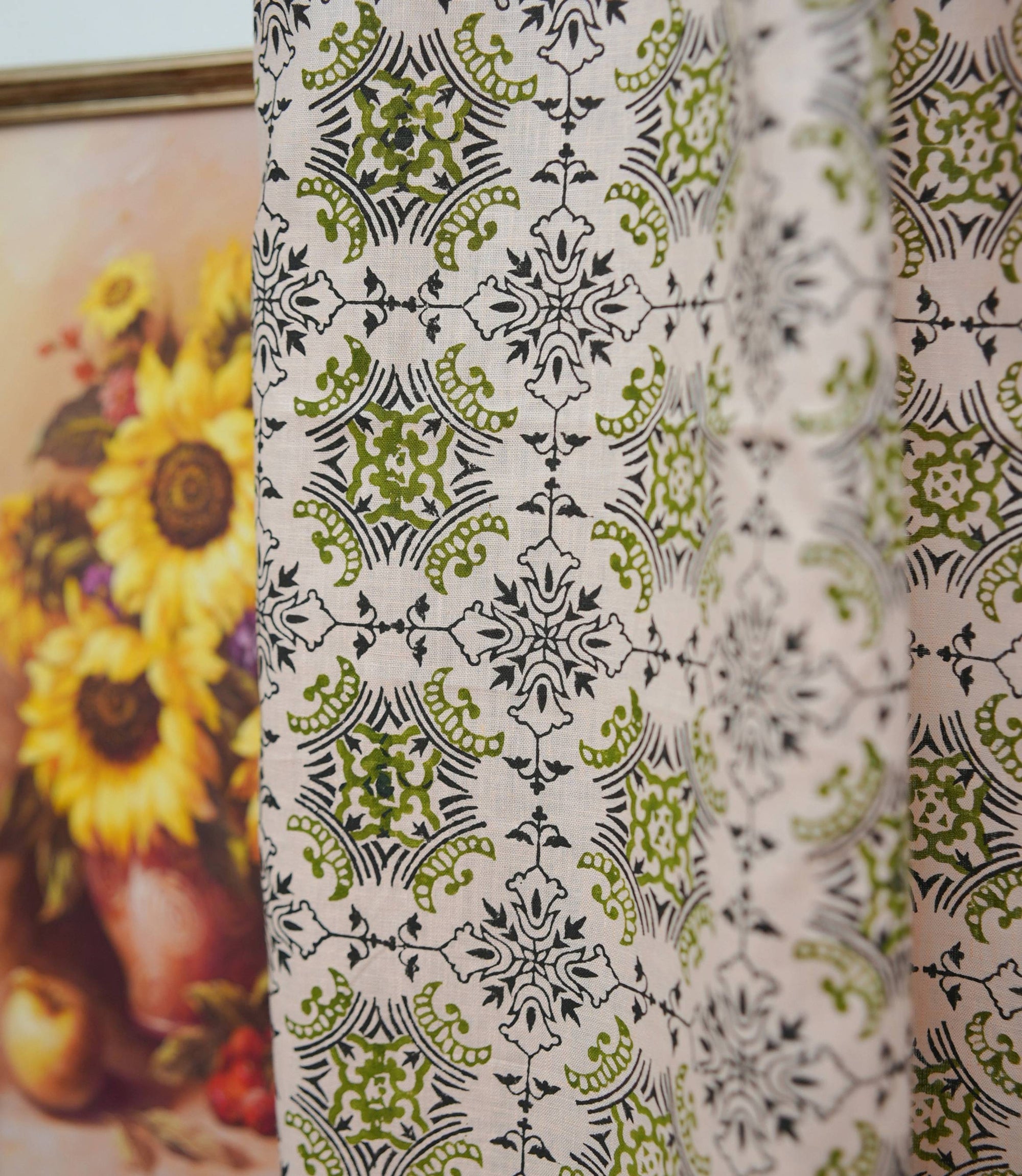 Hand Block Print Chakrvyuh Black Floral Linen Blackout Curtains