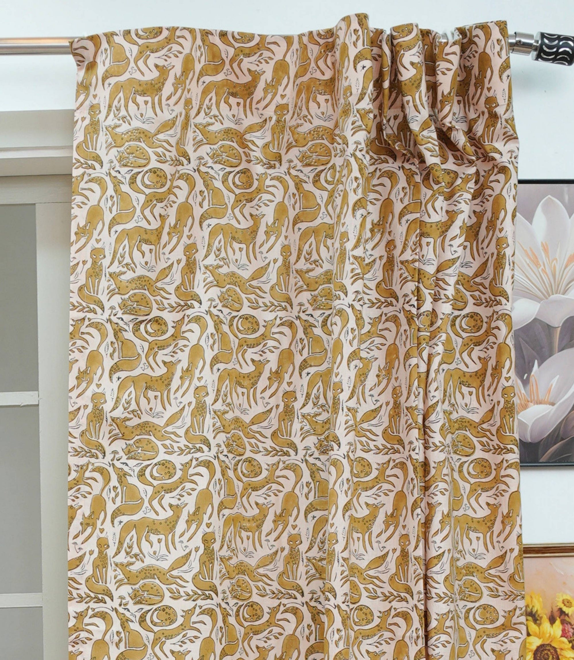 Block Print Boho Geharawan Brown Floral Linen Curtains 