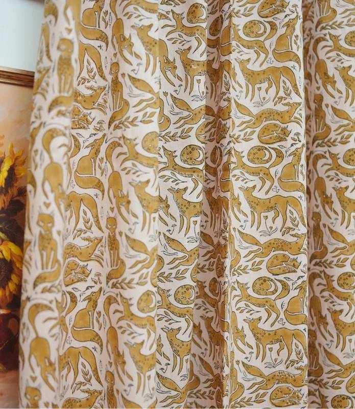 Block Print Boho Geharawan Brown Floral Linen Curtains 