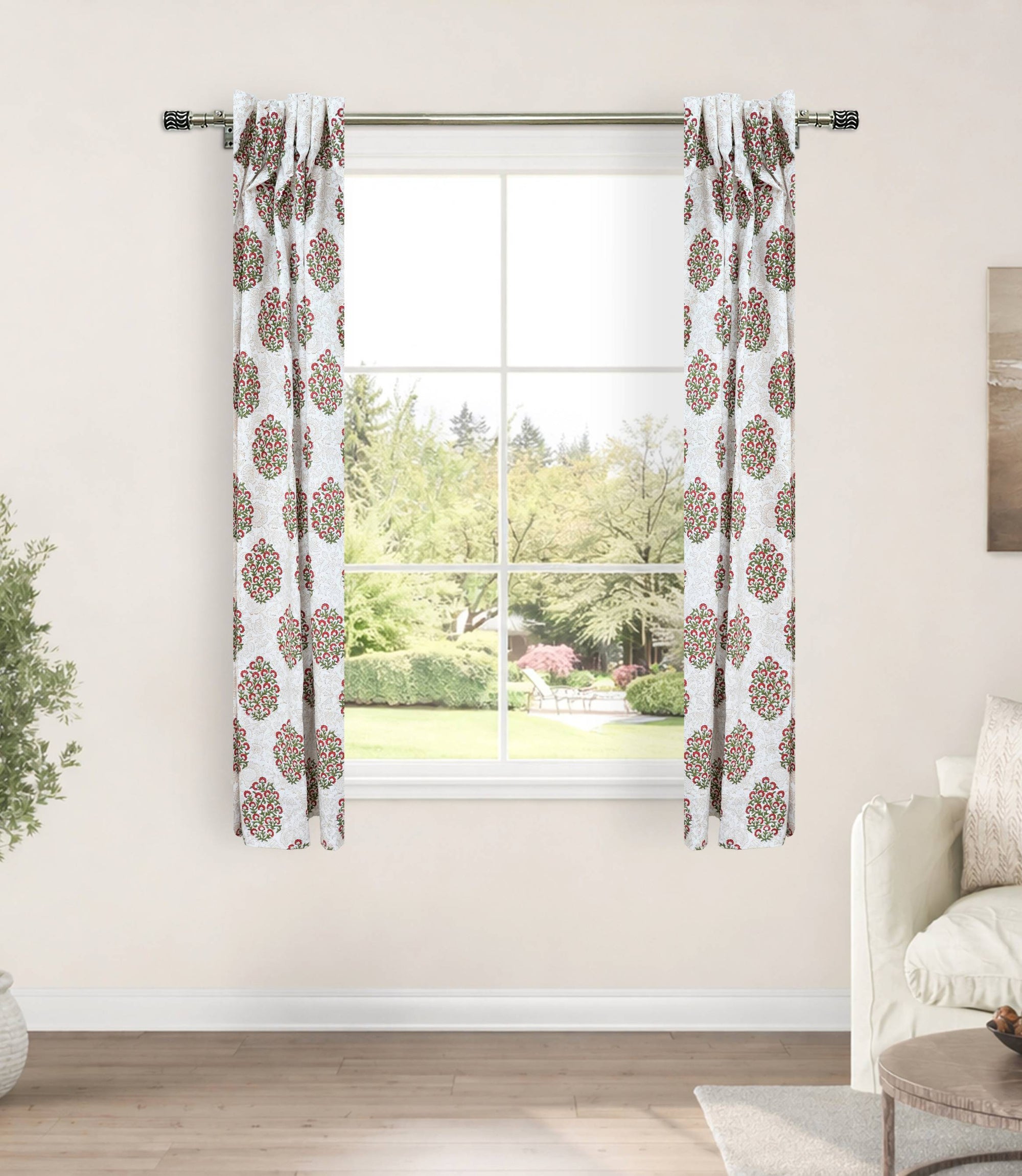 Guldasta Pink Floral Indian Block Print Linen Curtains 