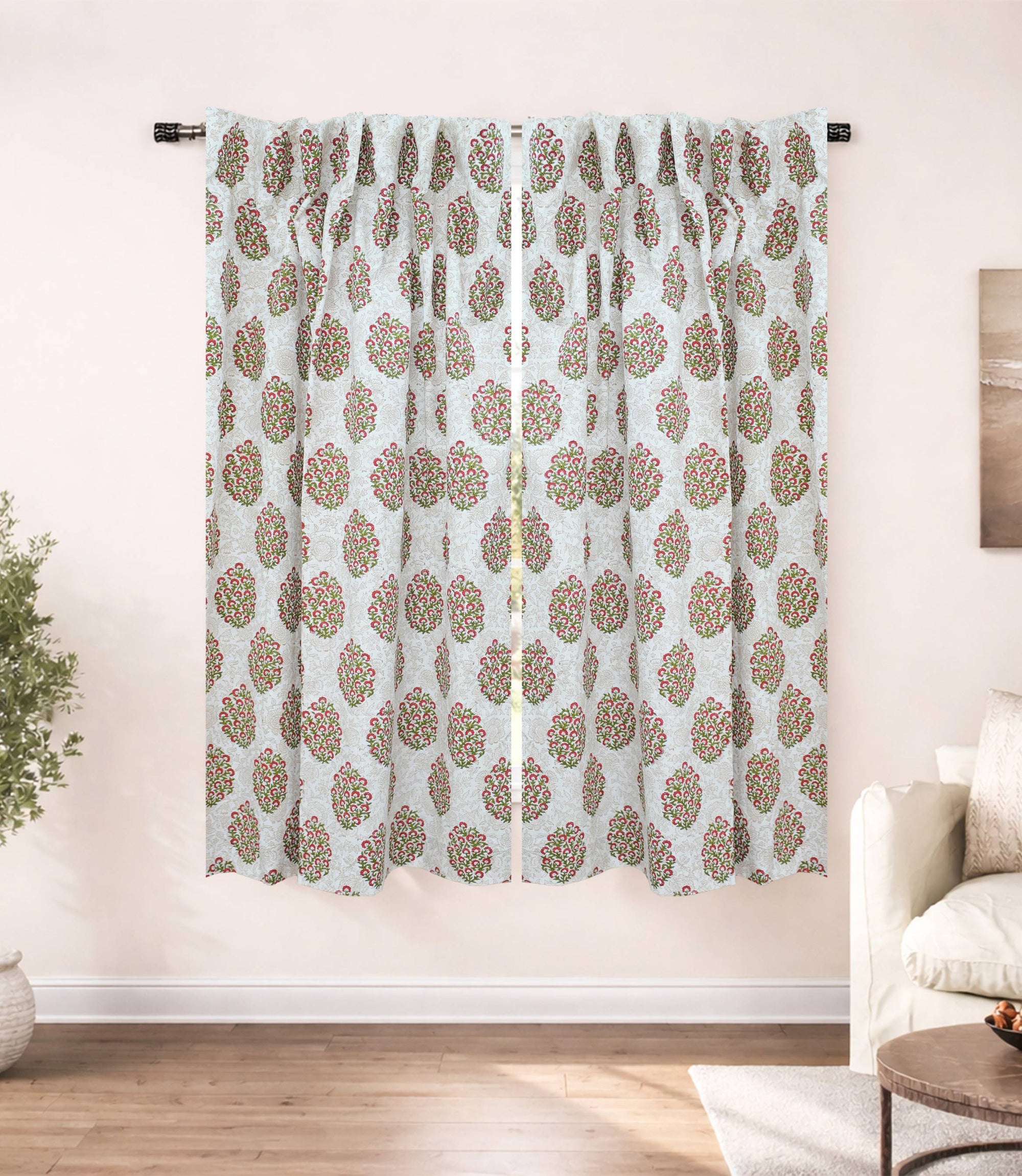 Guldasta Pink Floral Indian Block Print Linen Curtains 