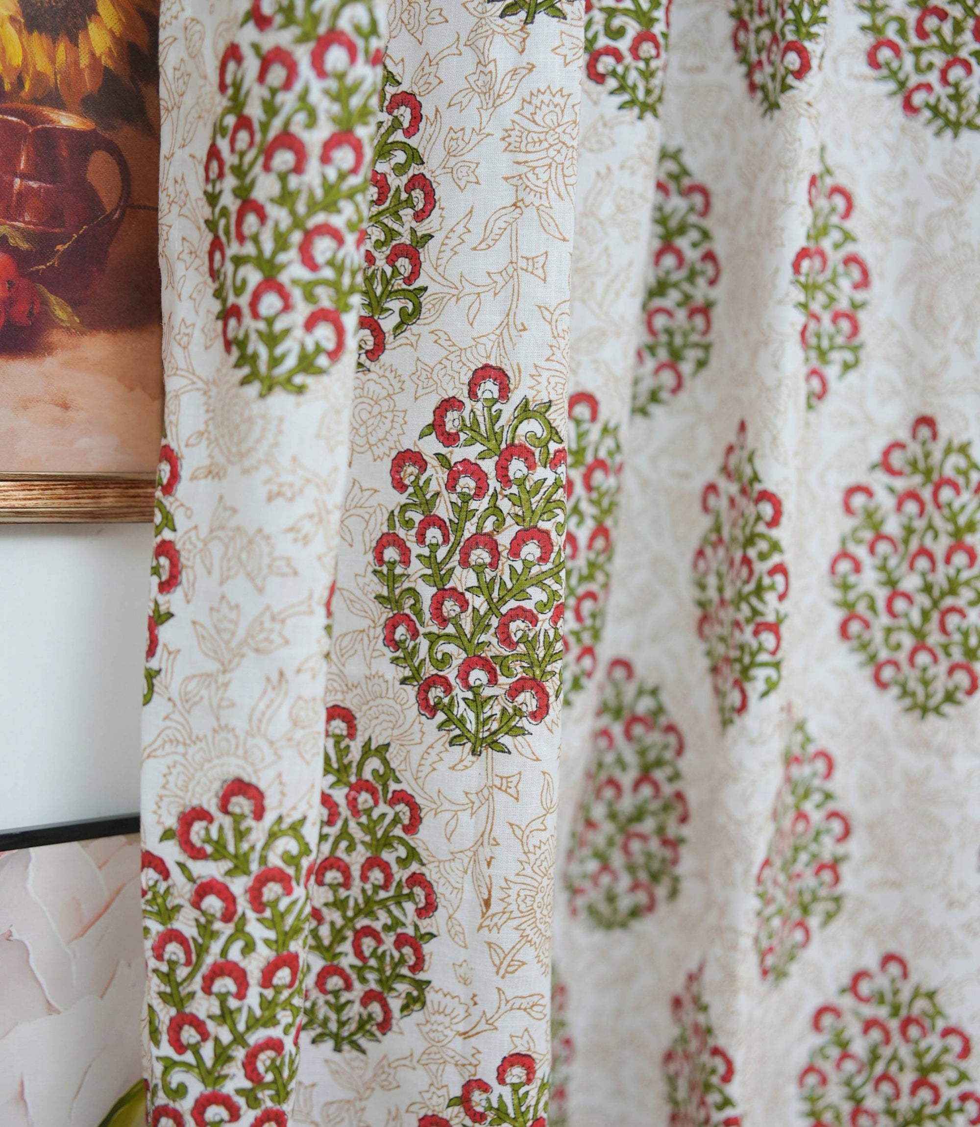 Guldasta Pink Floral Indian Block Print Linen Curtains 