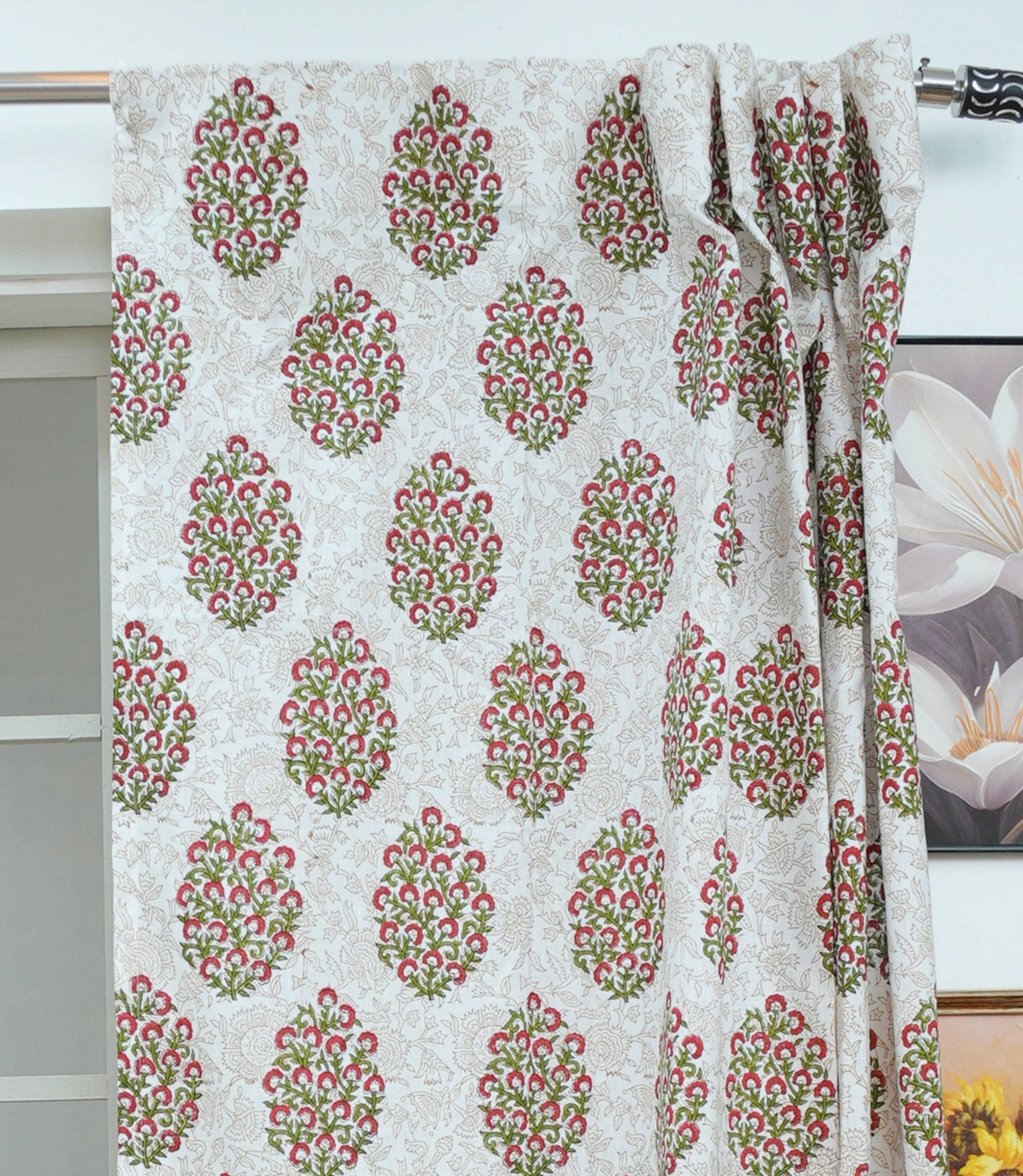 Guldasta Pink Floral Indian Block Print Linen Curtains 