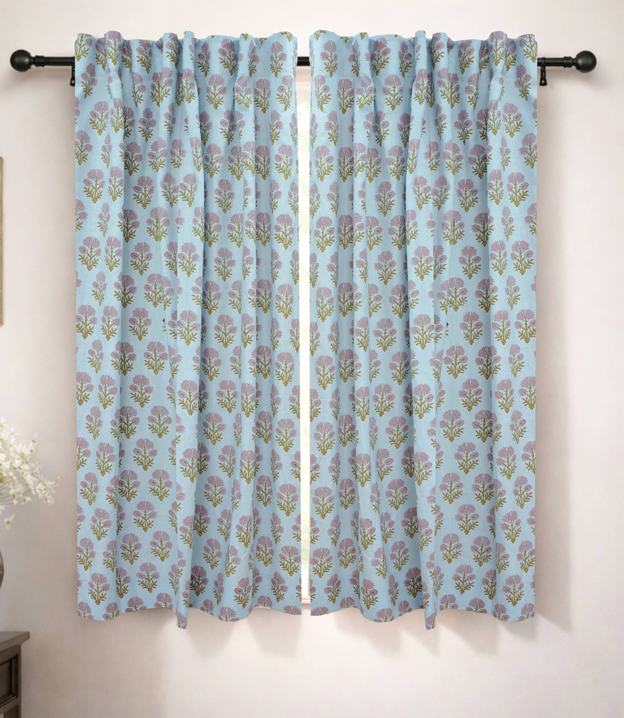 Handmade Purple Floral Viscose Linen Window Curtains - Juhi