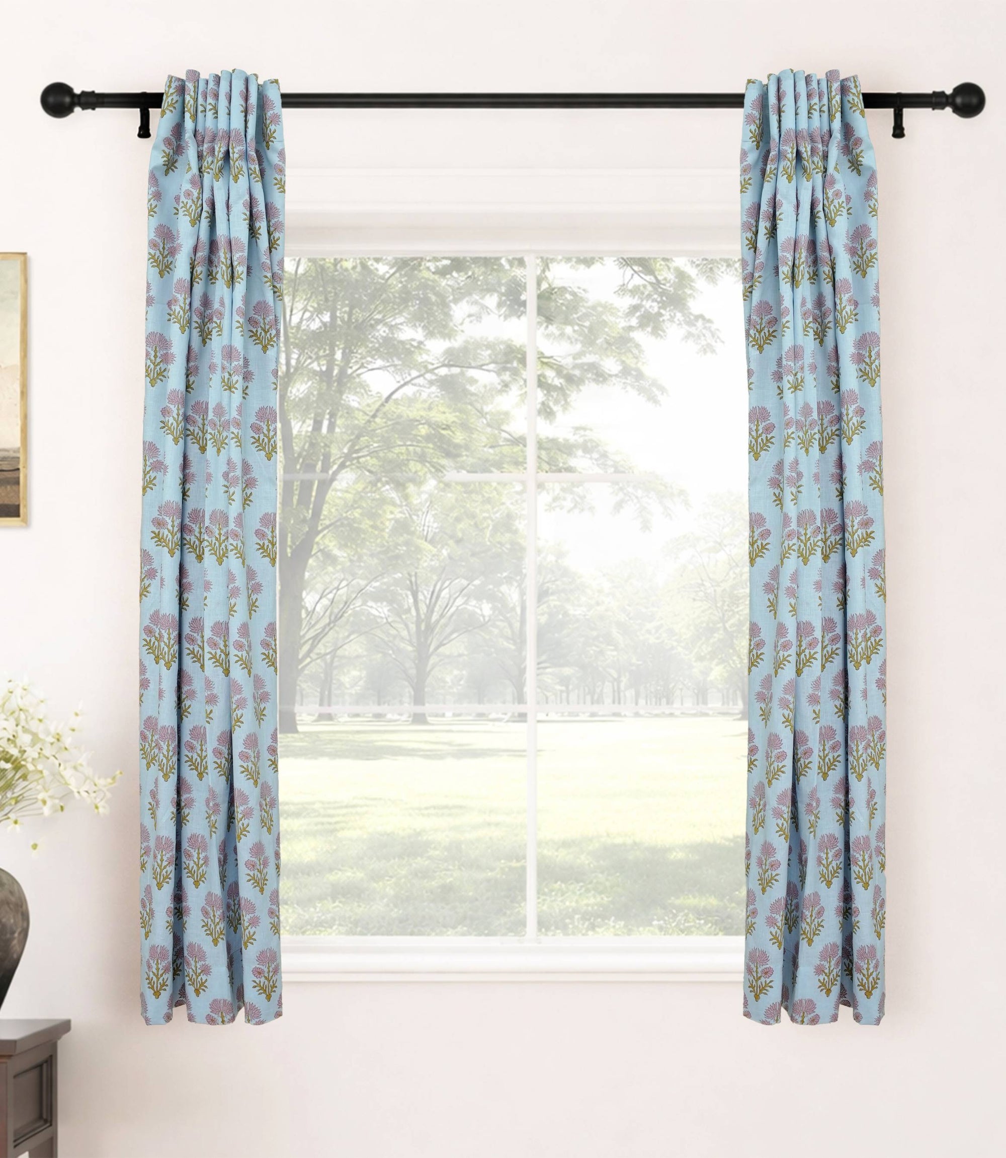Handmade Purple Floral Viscose Linen Window Curtains - Juhi
