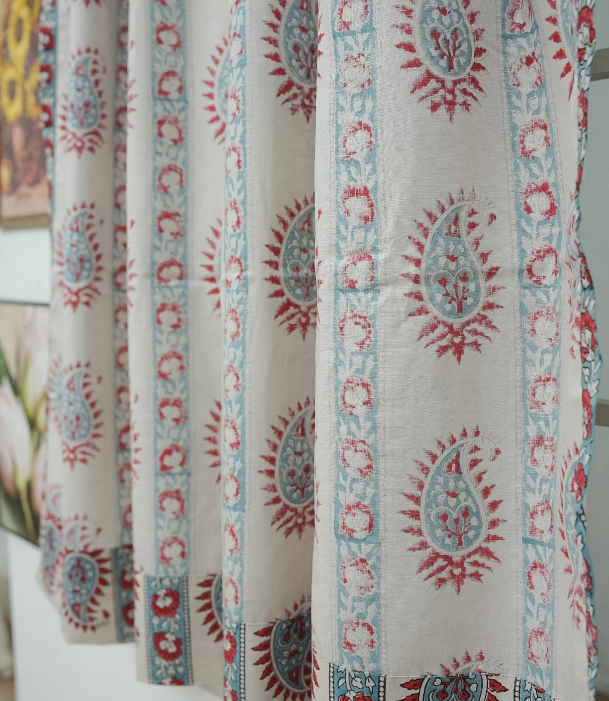 Handmade Red Floral Boho Viscose Linen Curtains - Lakshita