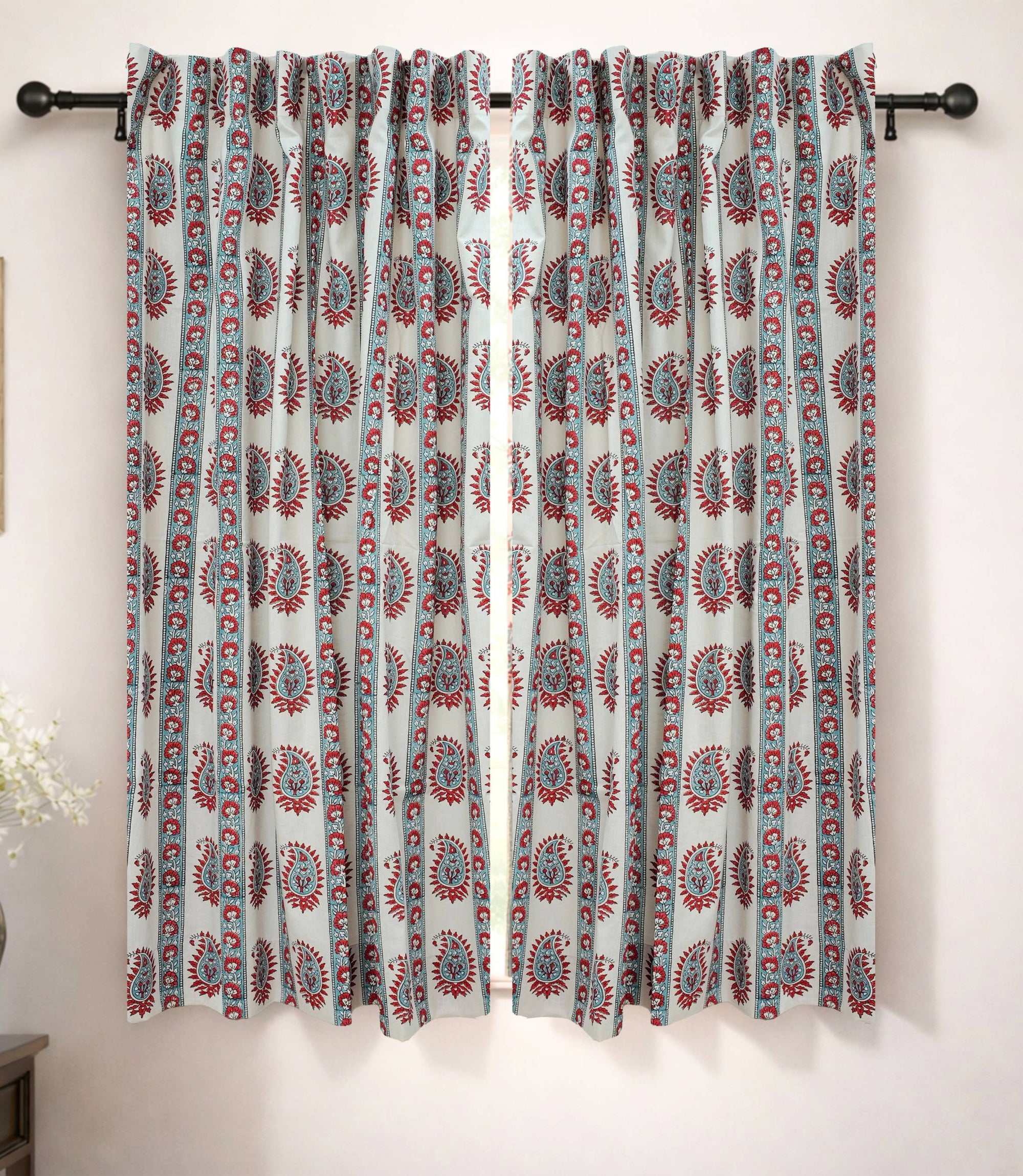 Handmade Red Floral Boho Viscose Linen Curtains - Lakshita