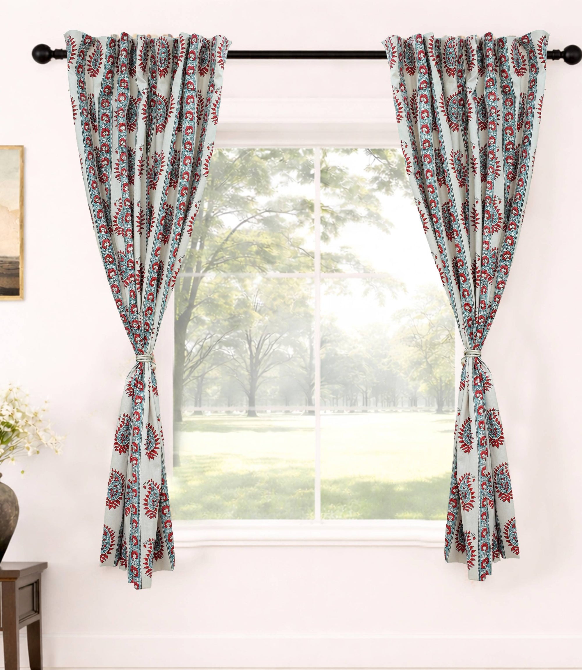 Handmade Red Floral Boho Viscose Linen Curtains - Lakshita