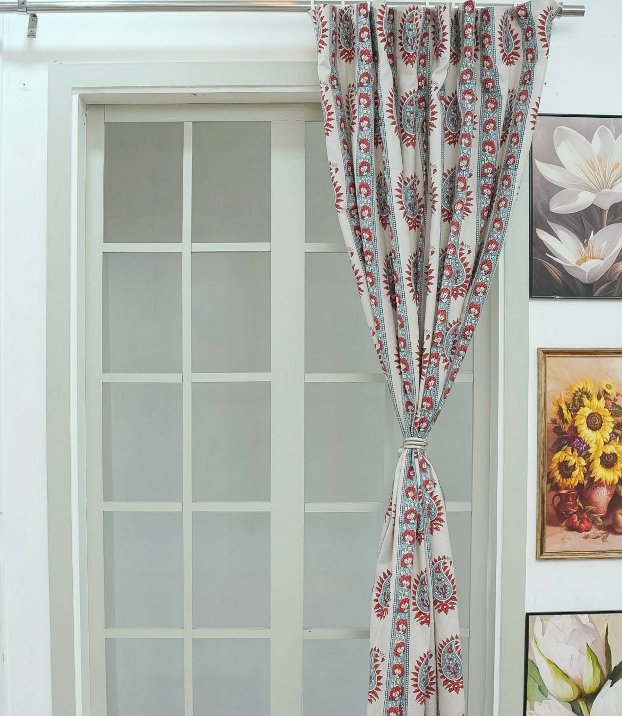Handmade Red Floral Boho Viscose Linen Curtains - Lakshita