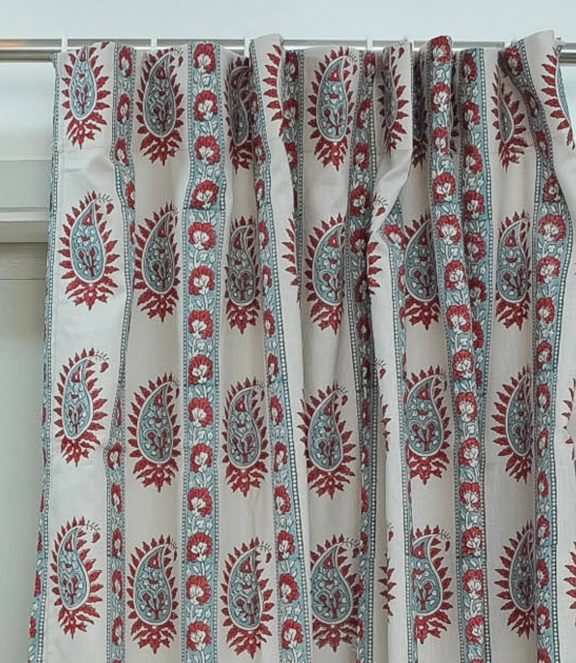 Handmade Red Floral Boho Viscose Linen Curtains - Lakshita