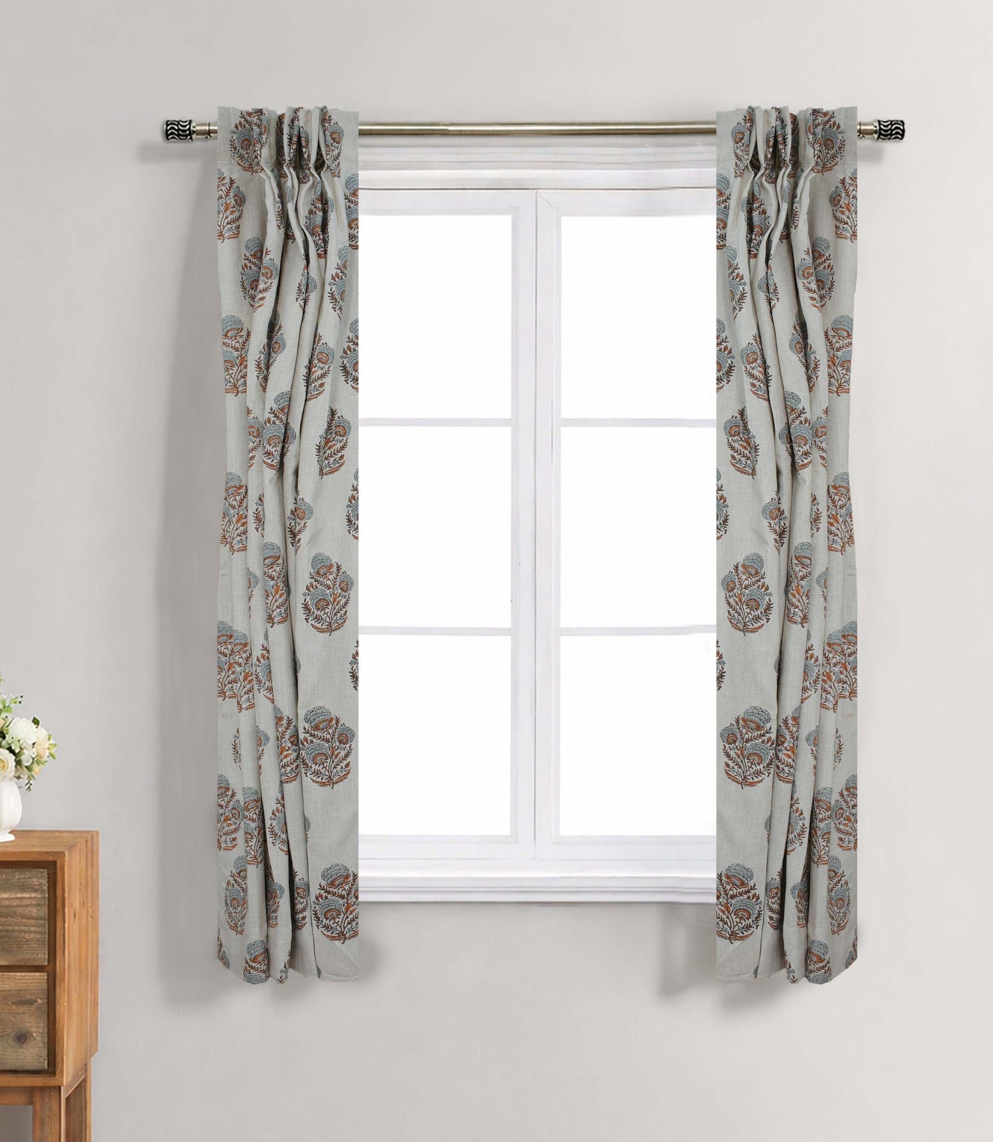 Handmade Linen Gray Brown Pleated Curtains - Mohini