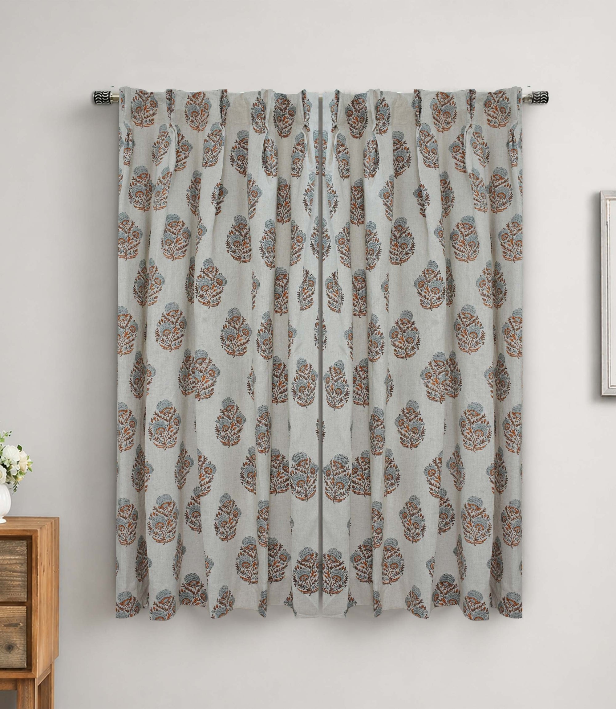 Handmade Linen Gray Brown Pleated Curtains - Mohini