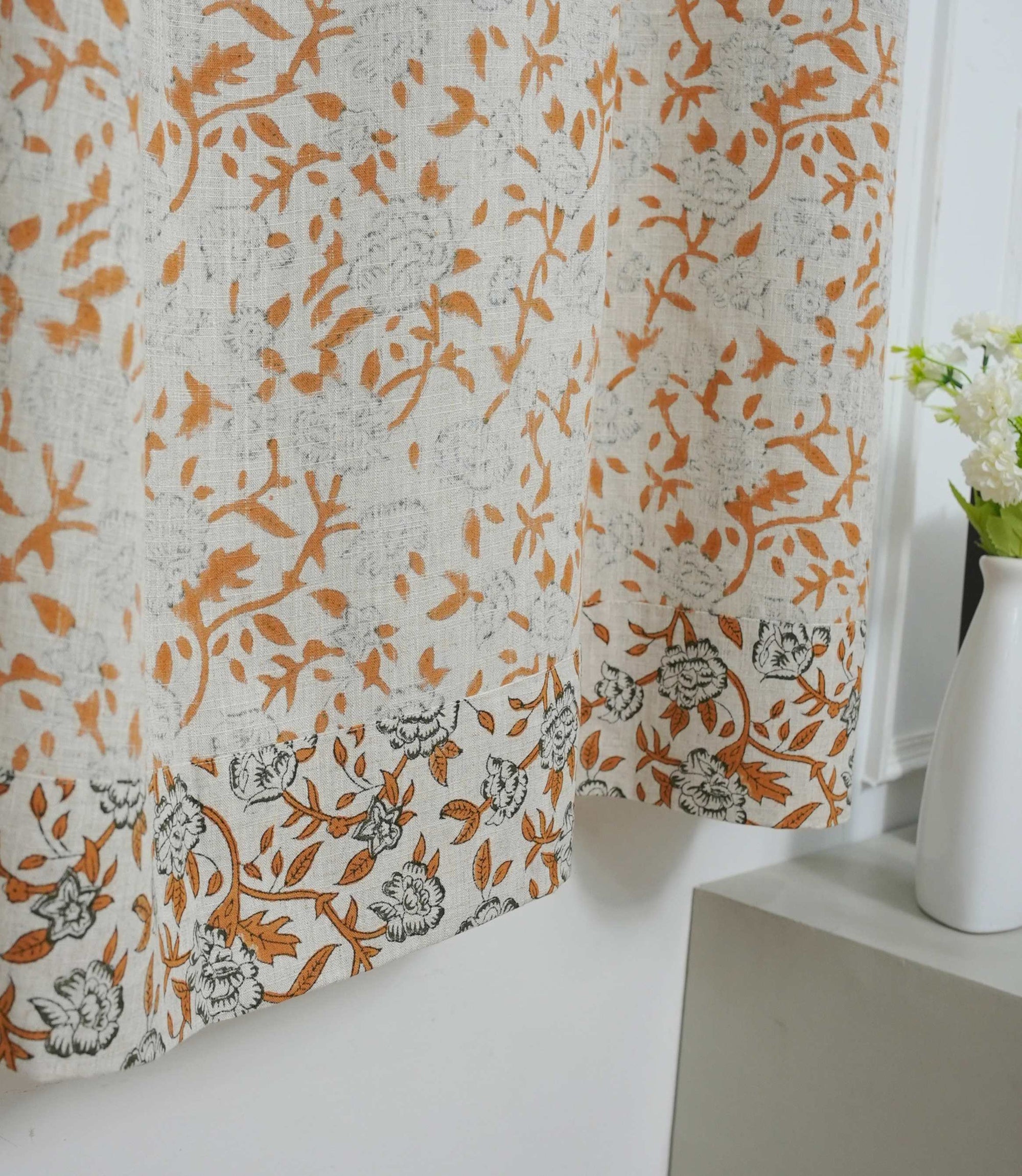 Yellow Green Floral Linen Block Print Curtain Rod Pocket Mrignayani