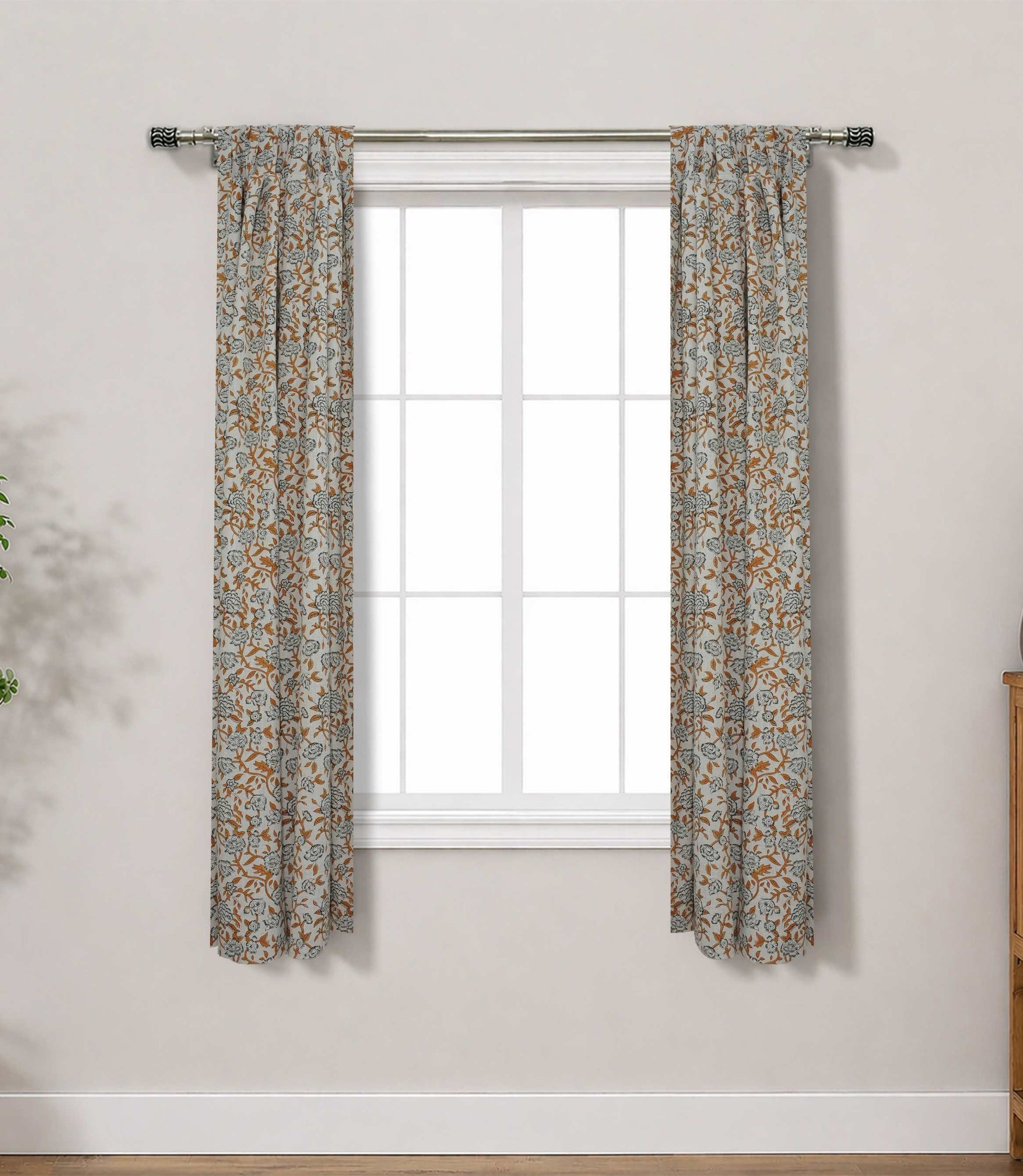 Yellow Green Floral Linen Block Print Curtain Rod Pocket Mrignayani