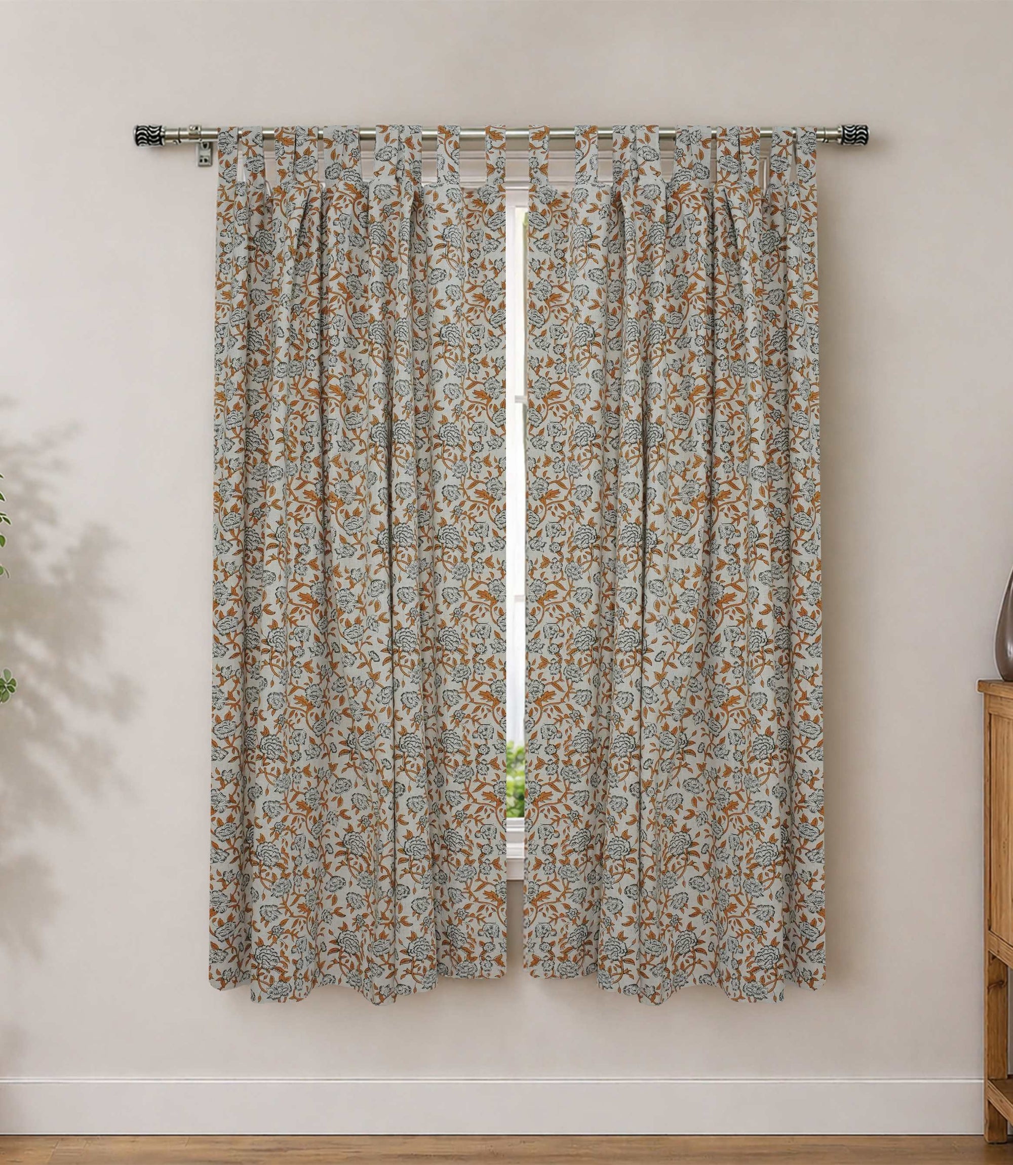 Yellow Green Floral Linen Block Print Curtain Rod Pocket Mrignayani