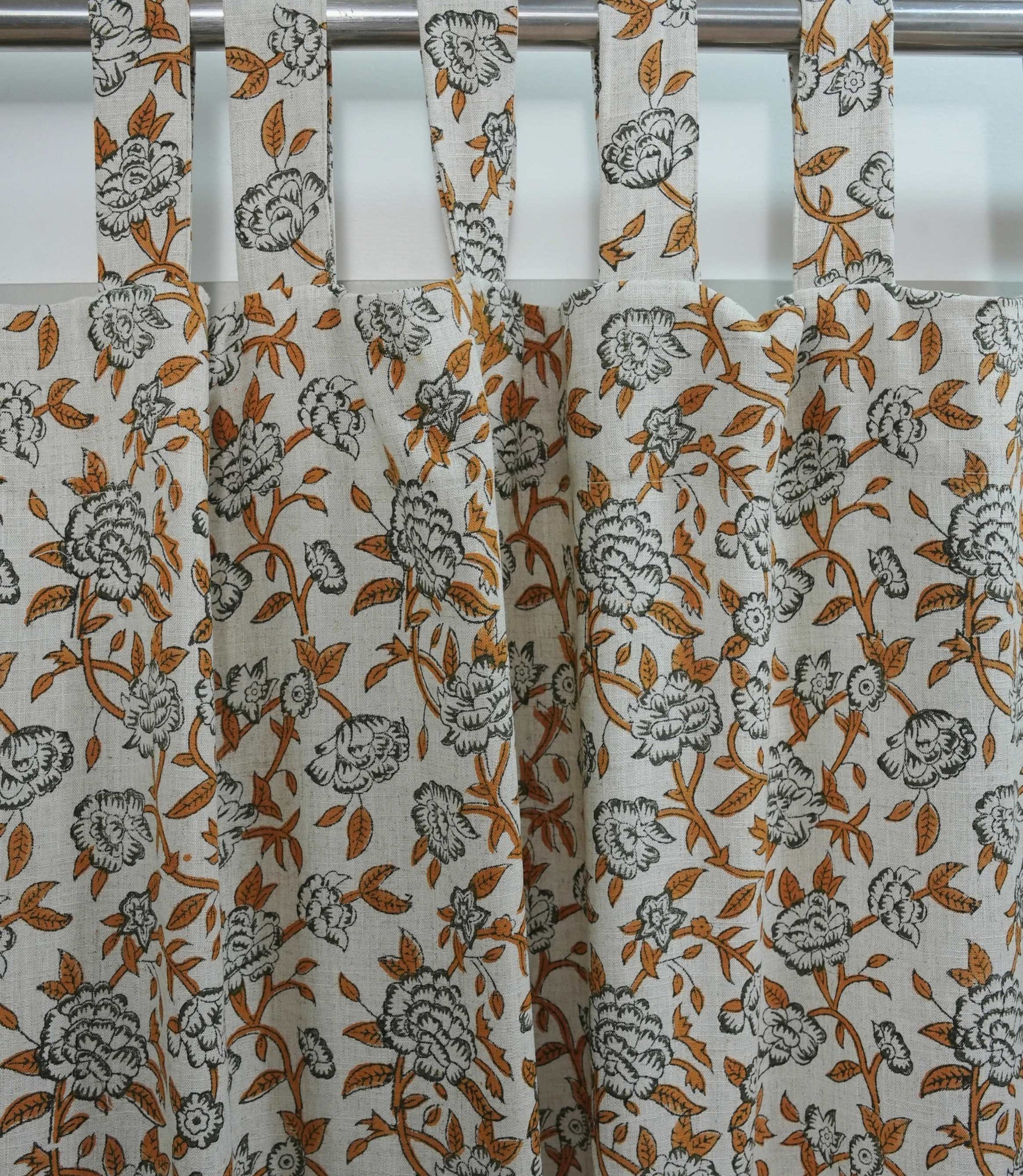 Yellow Green Floral Linen Block Print Curtain Rod Pocket Mrignayani