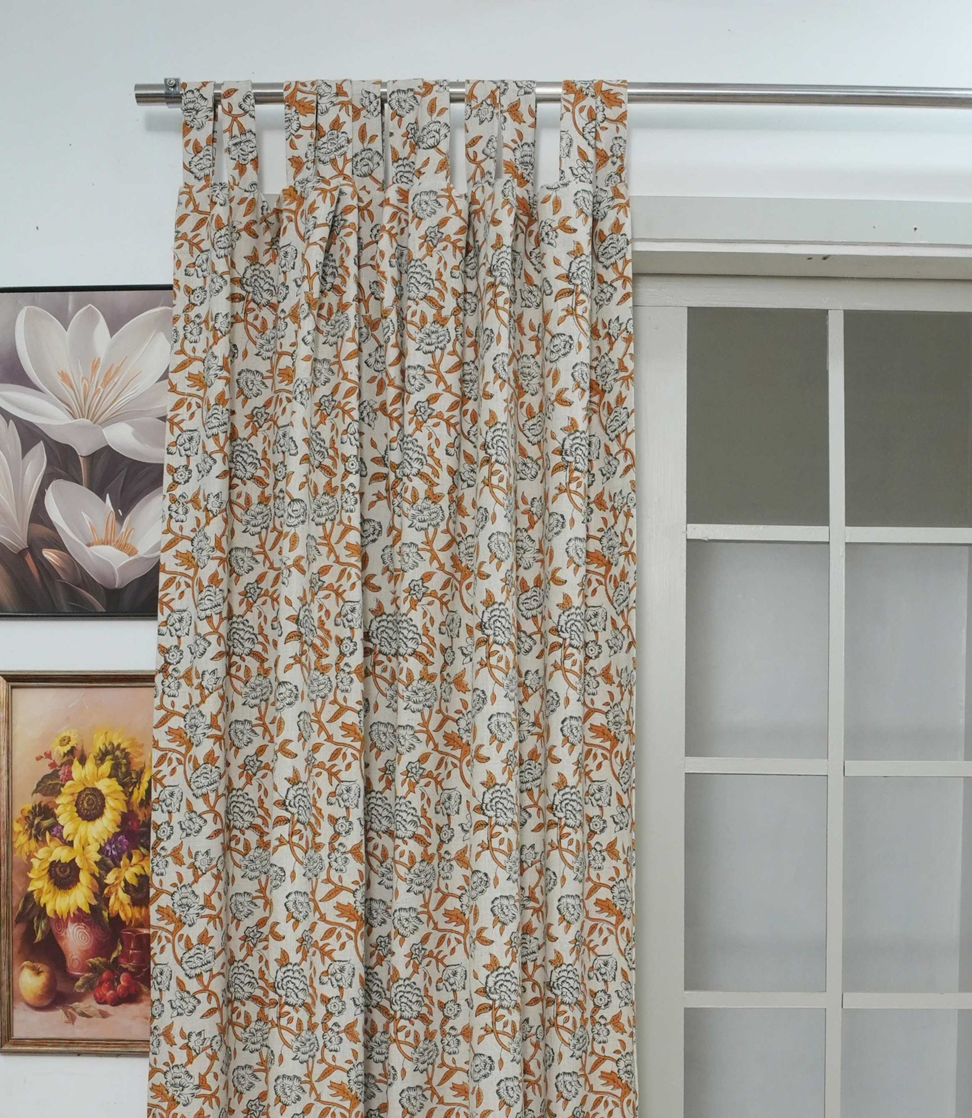 Yellow Green Floral Linen Block Print Curtain Rod Pocket Mrignayani