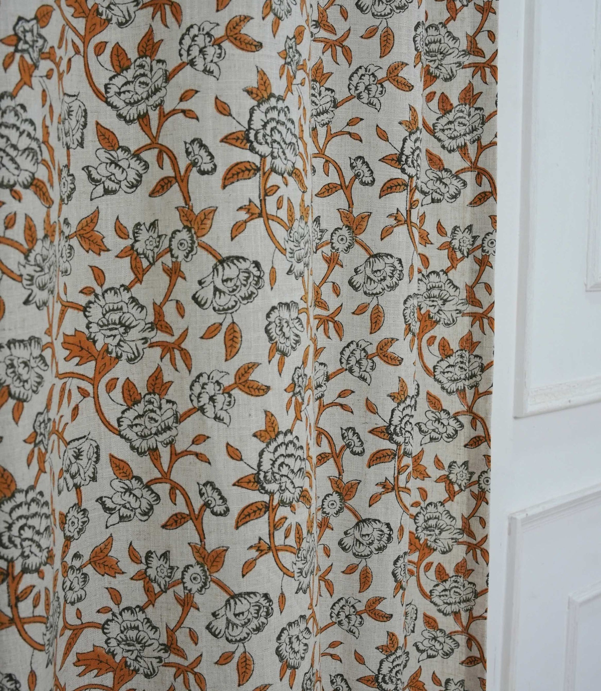 Yellow Green Floral Linen Block Print Curtain Rod Pocket Mrignayani