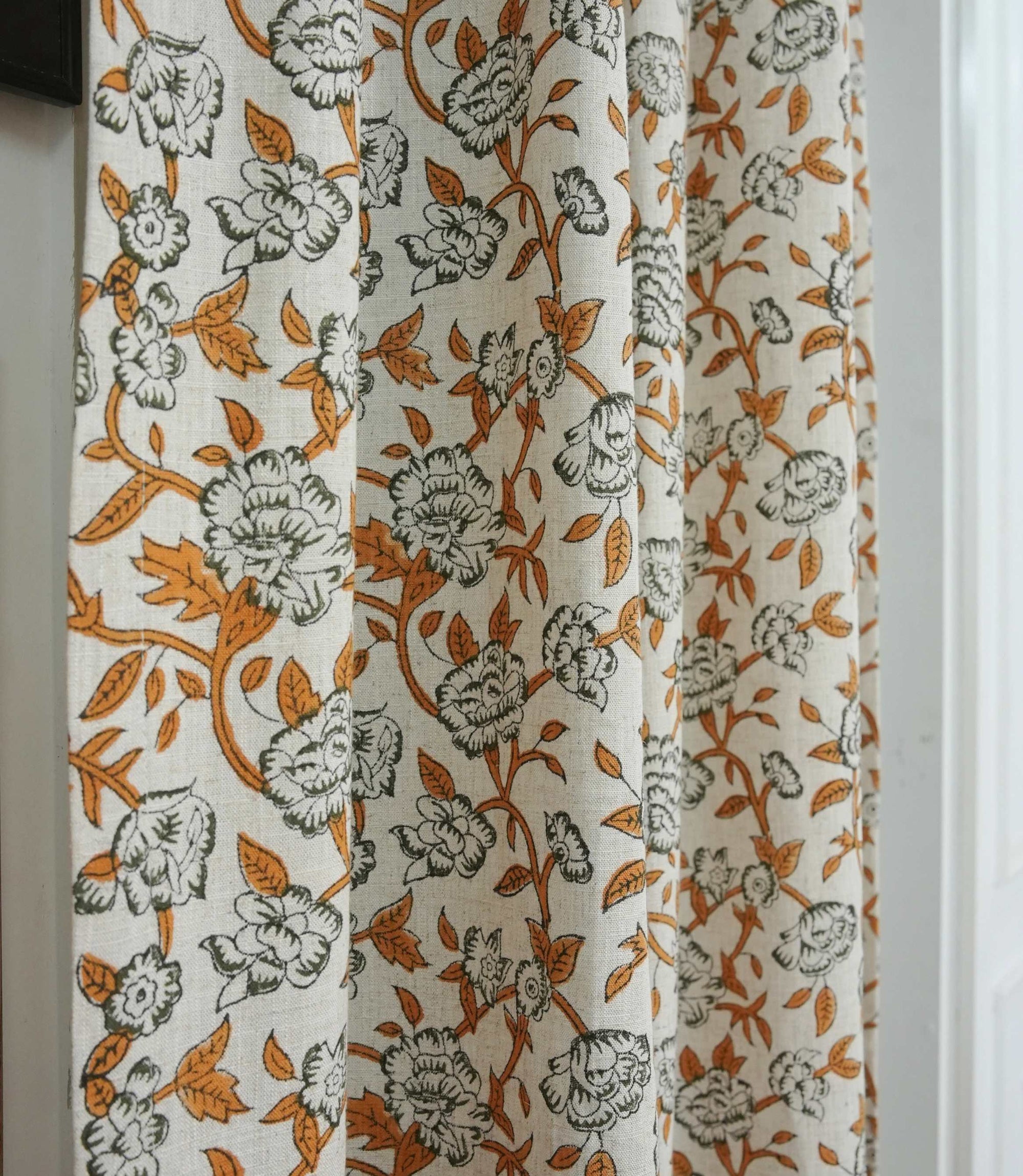 Yellow Green Floral Linen Block Print Curtain Rod Pocket Mrignayani