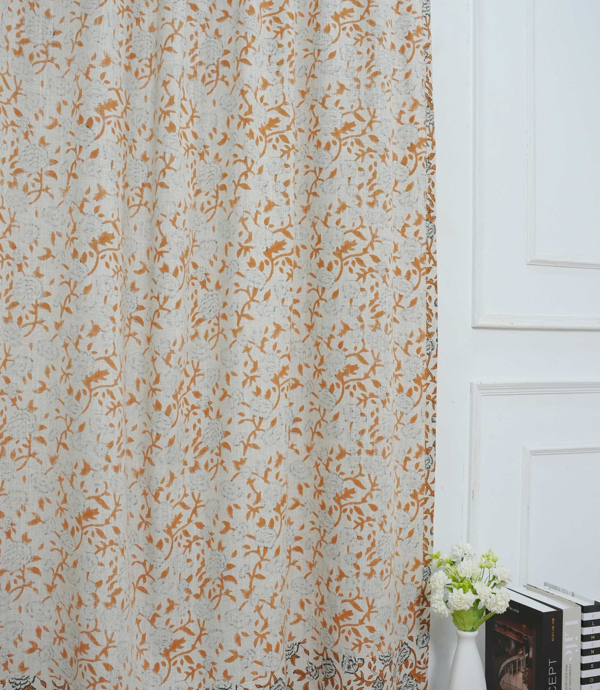 Yellow Green Floral Linen Block Print Curtain Rod Pocket Mrignayani