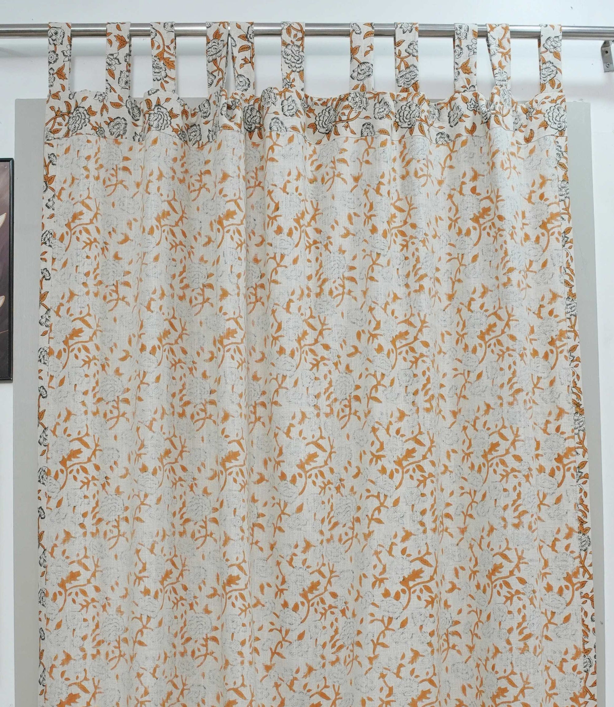 Yellow Green Floral Linen Block Print Curtain Rod Pocket Mrignayani