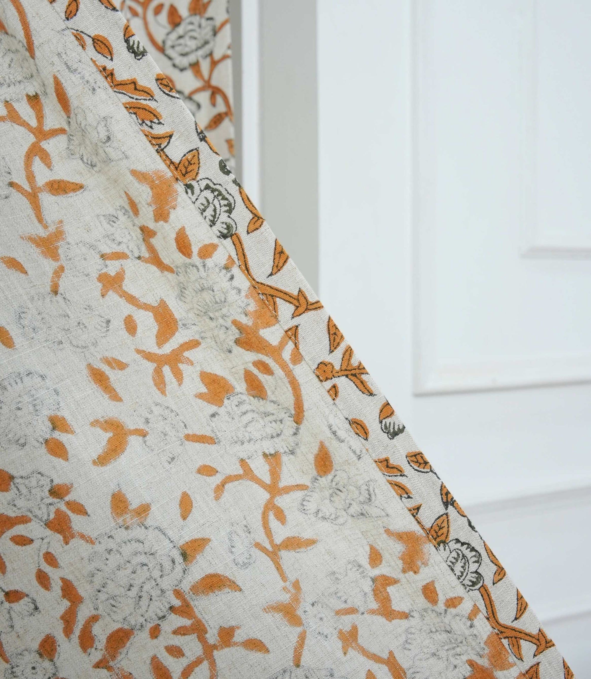 Yellow Green Floral Linen Block Print Curtain Rod Pocket Mrignayani